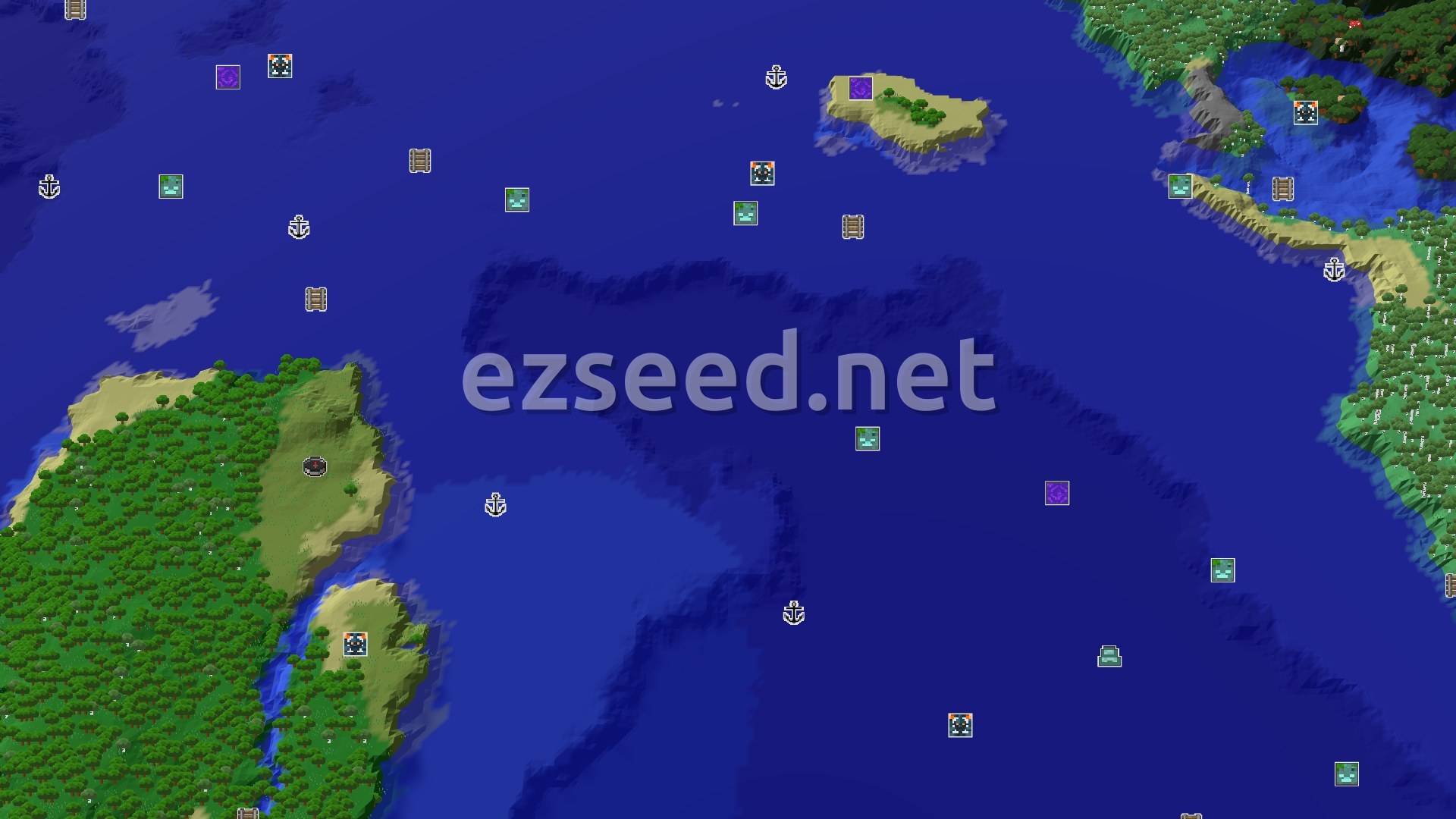 A 3D fly-over of a large ocean with several islands and coastlines, showing dense forests and some flat plains near the marked spawn point.