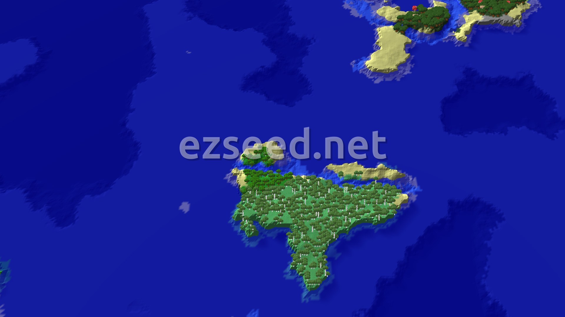 Aerial Minecraft seed map — Island Spawn with Nearby Trial Chambers and Ocean Monument