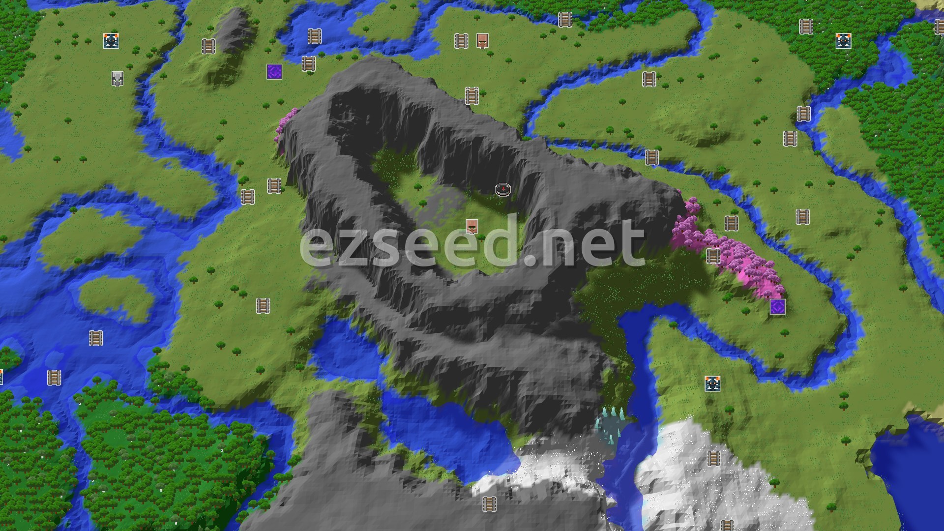 Aerial Minecraft seed map — Spawn Near a Village and a Striking Cherry Grove