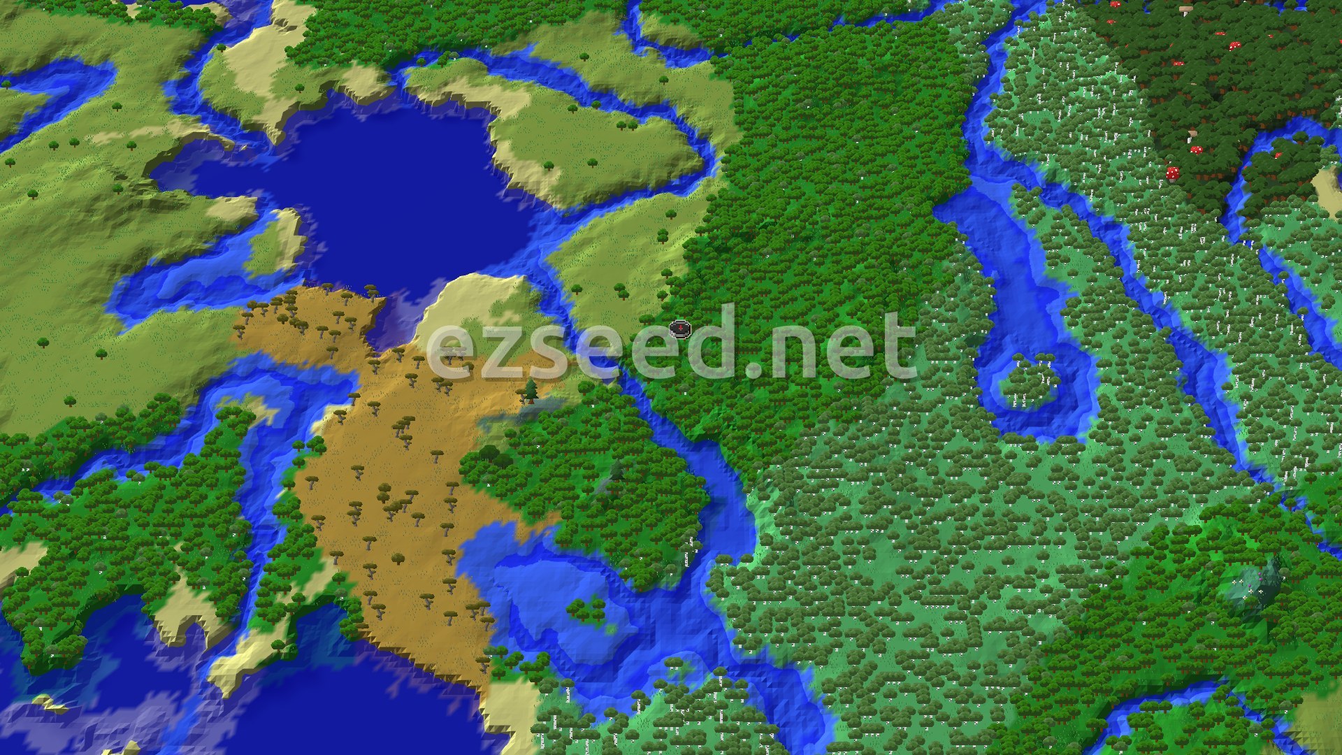 An overhead view shows a dense forest biome with winding rivers, patches of plains, and a windswept savanna in the distance, all surrounding a small spawn marker.