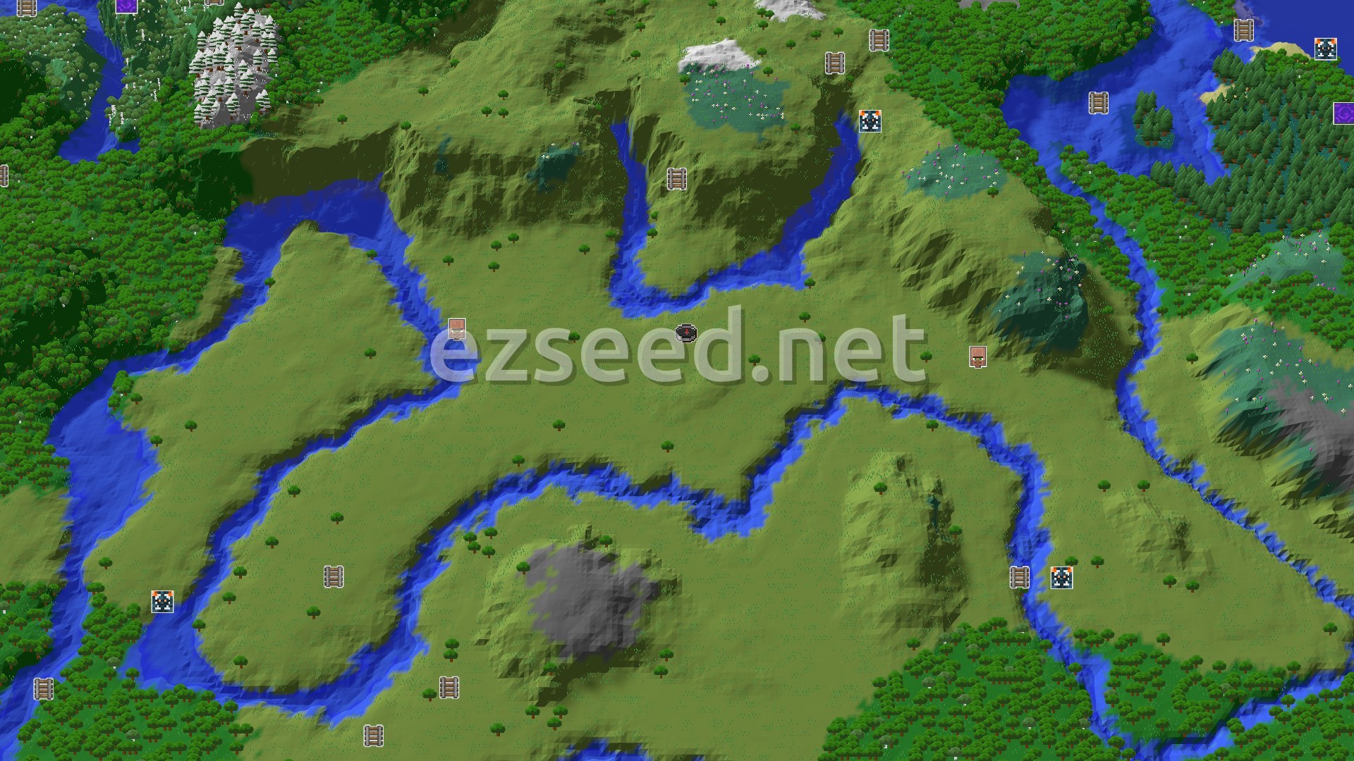 Aerial Minecraft seed map — A Modest Start, with Cold Peaks and Gems Nearby