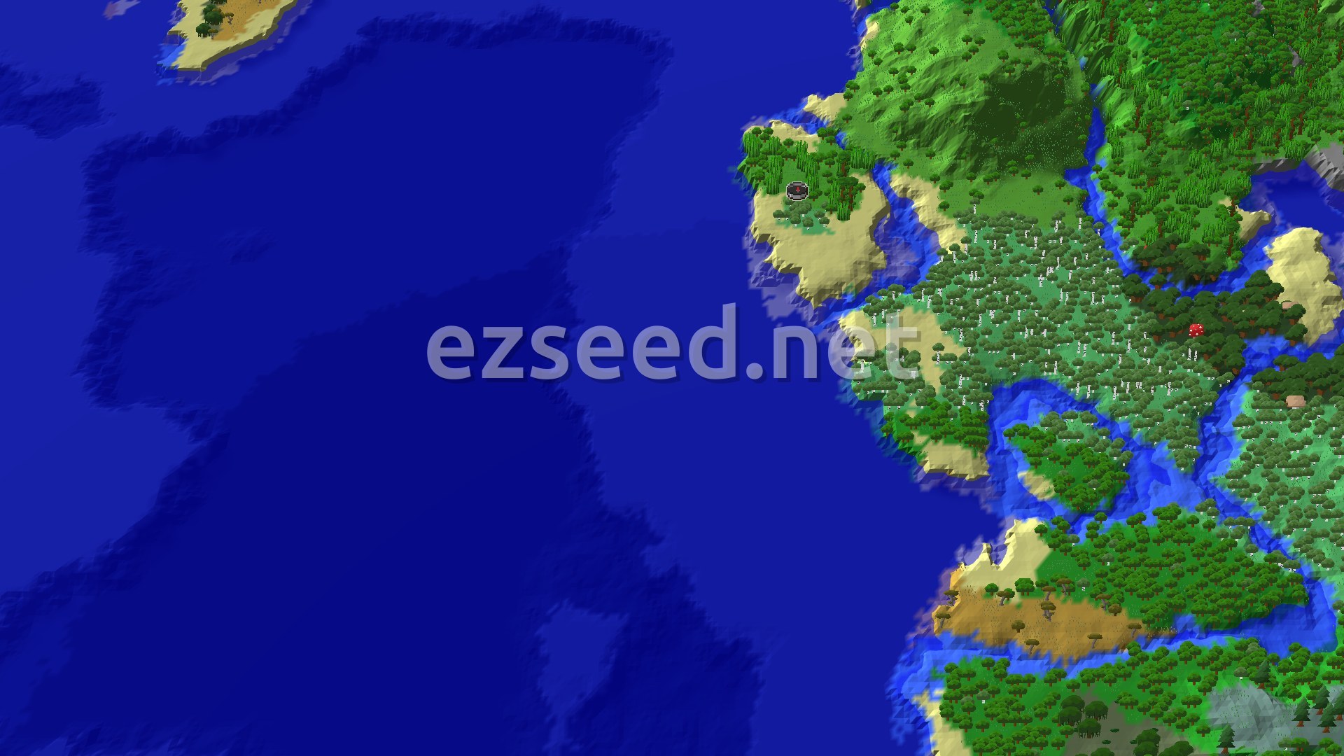 Aerial Minecraft seed map — Spawn in Birch Forest, Jungle Temple to the East