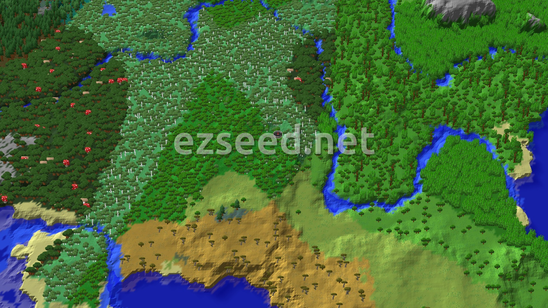 An aerial view showing a central spawn marker surrounded by dense green forests, lighter green birch trees, and a winding blue river, with some savanna terrain to the south.