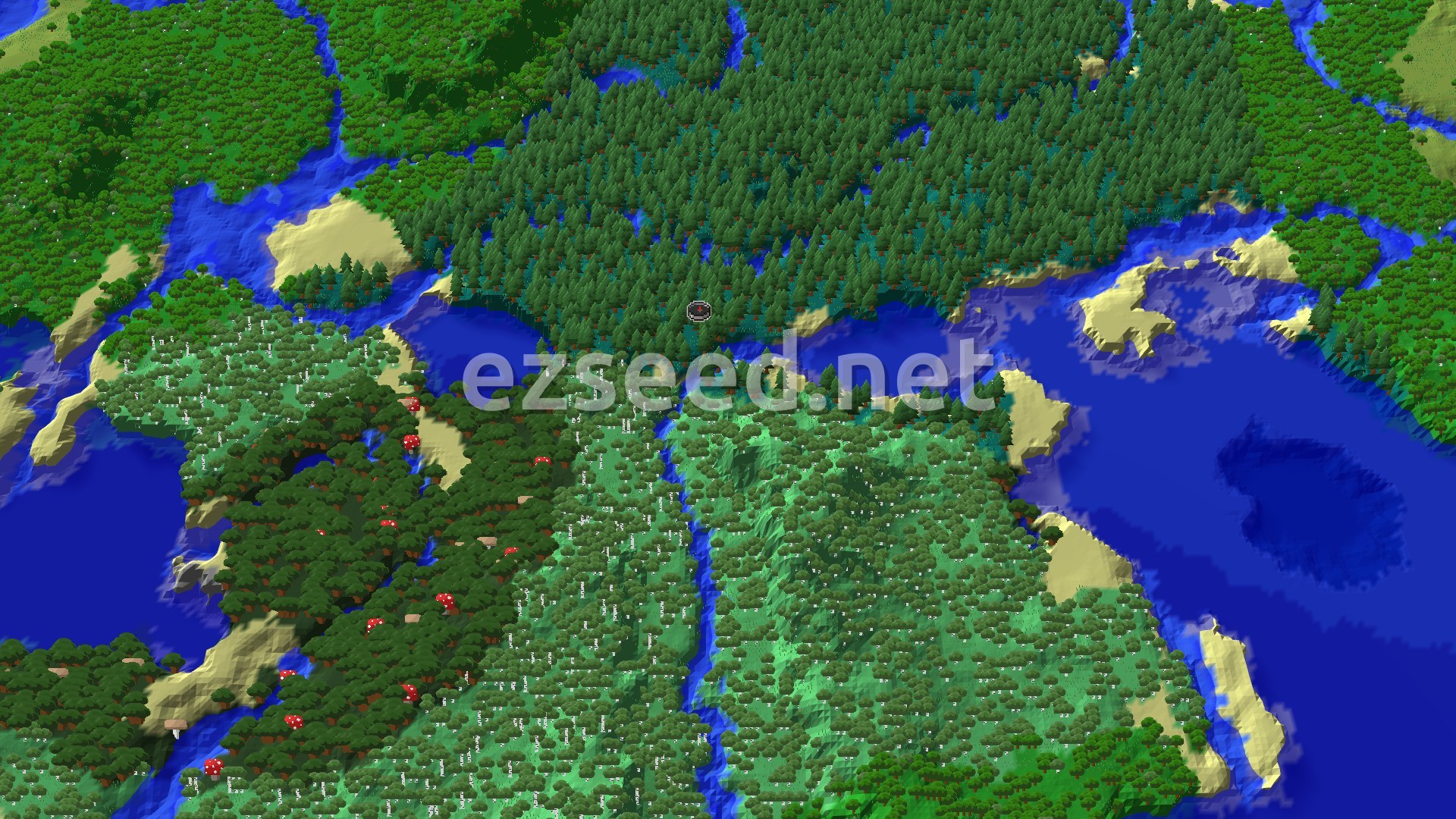 An aerial view of a dense taiga forest with a winding river and some sandy beaches, with a spawn marker in the center.