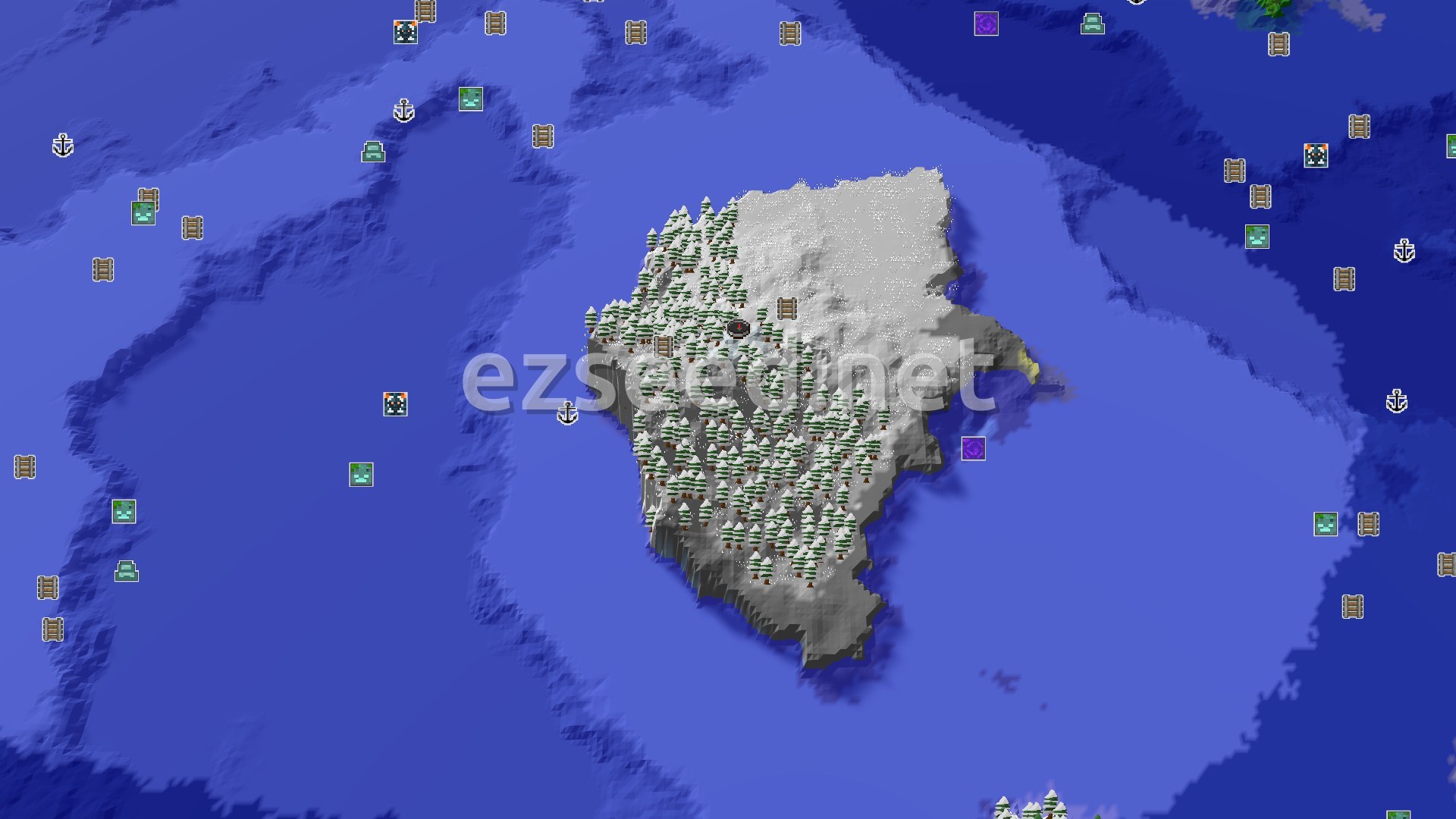 Aerial Minecraft seed map — Frozen Peaks Spawn with a Close Mineshaft and Shipwreck