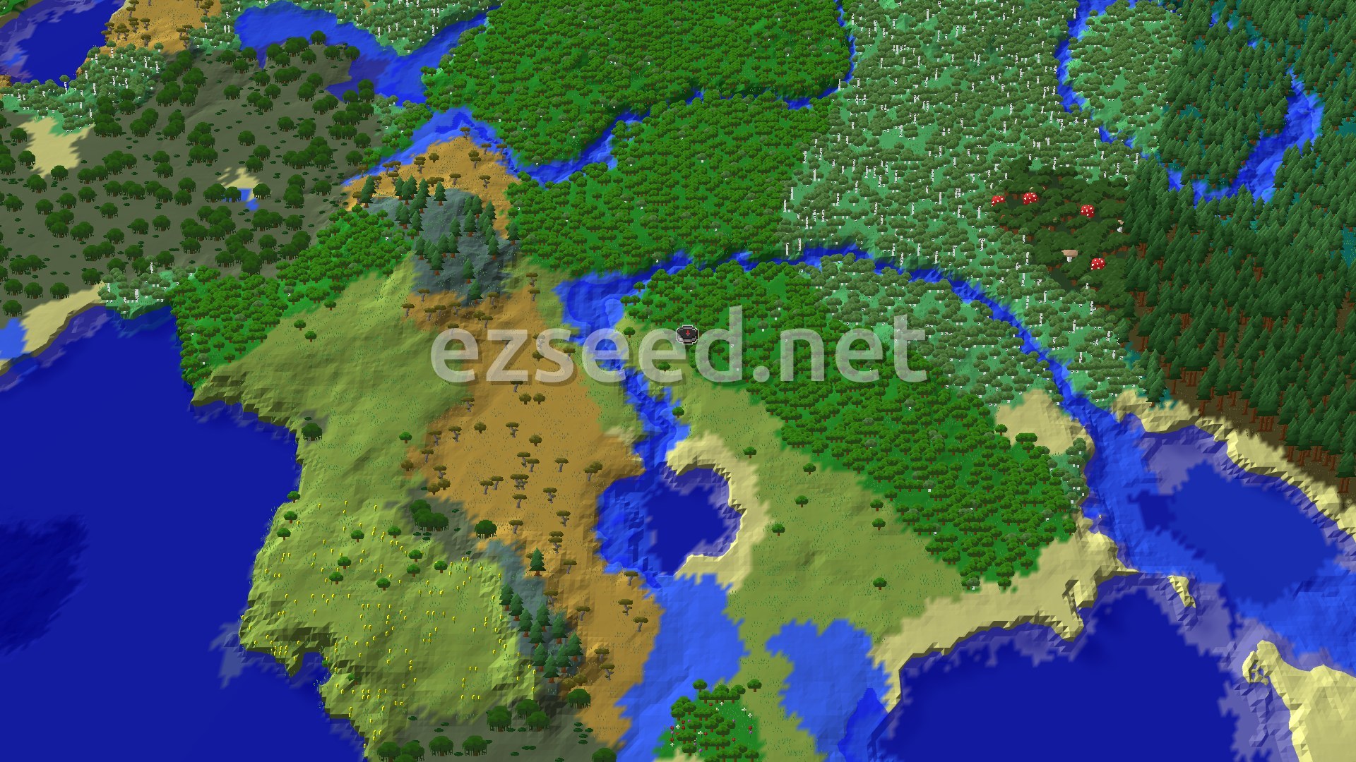 An aerial view of varied terrain around spawn, showing plains, forests, rivers, and a large body of water. Windswept savannas and hills are also visible.