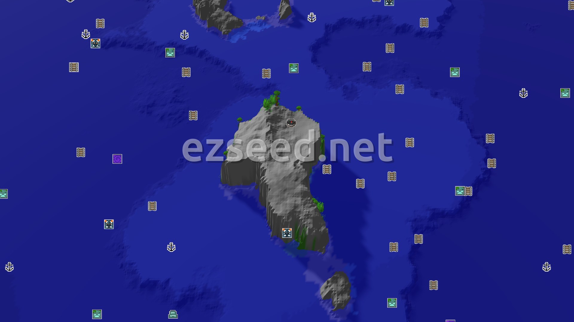 Aerial Minecraft seed map — Jungle Island Spawn with Nearby Trial Chambers