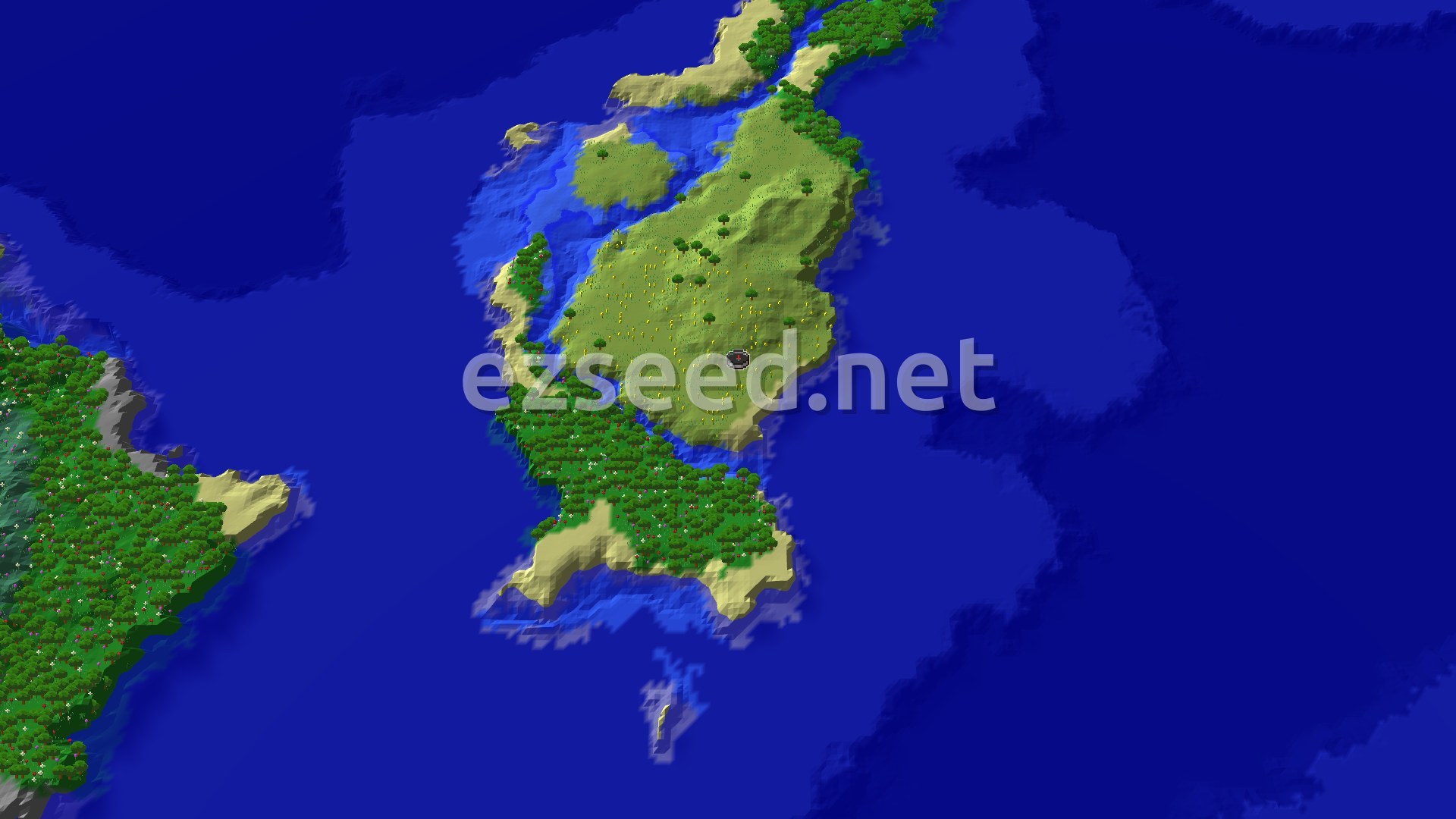 Aerial Minecraft seed map — A Sunflower Plains Island Start with Near Coastal Loot