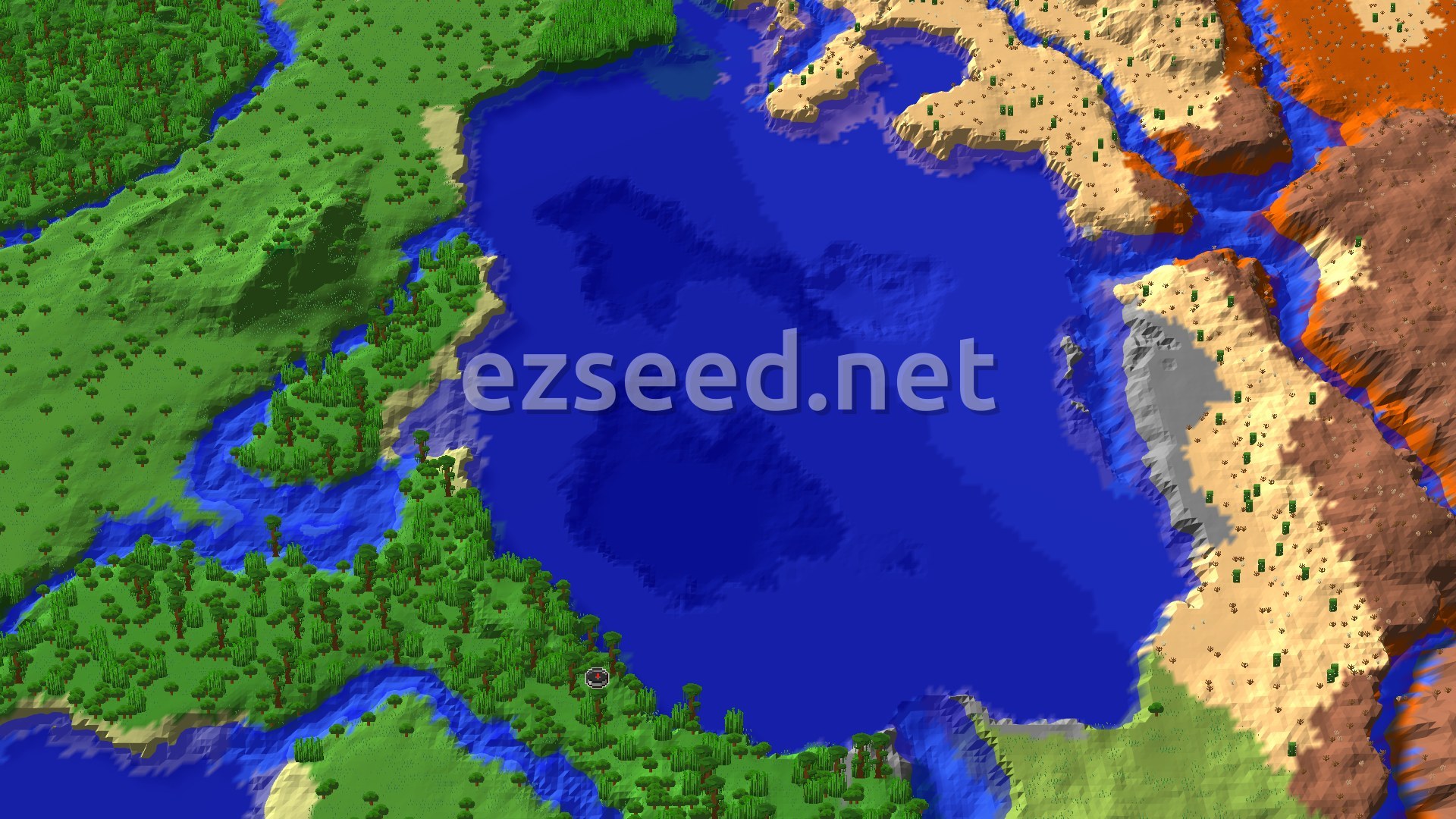 Aerial Minecraft seed map — Jungle Spawn with Badlands and a Distant Ancient City
