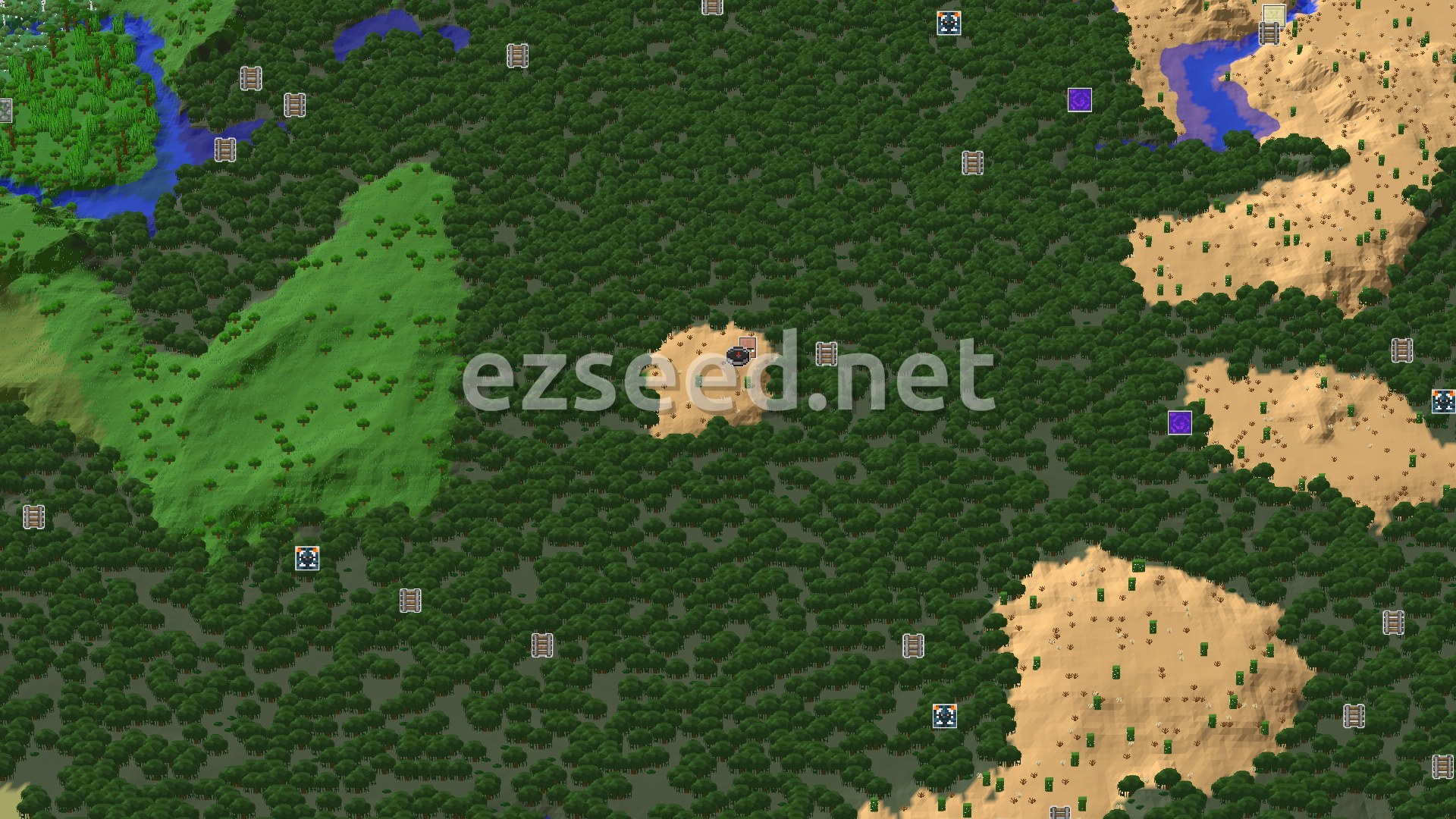 Aerial Minecraft seed map — Desert Spawn with a Nearby Village and Mangrove Swamp
