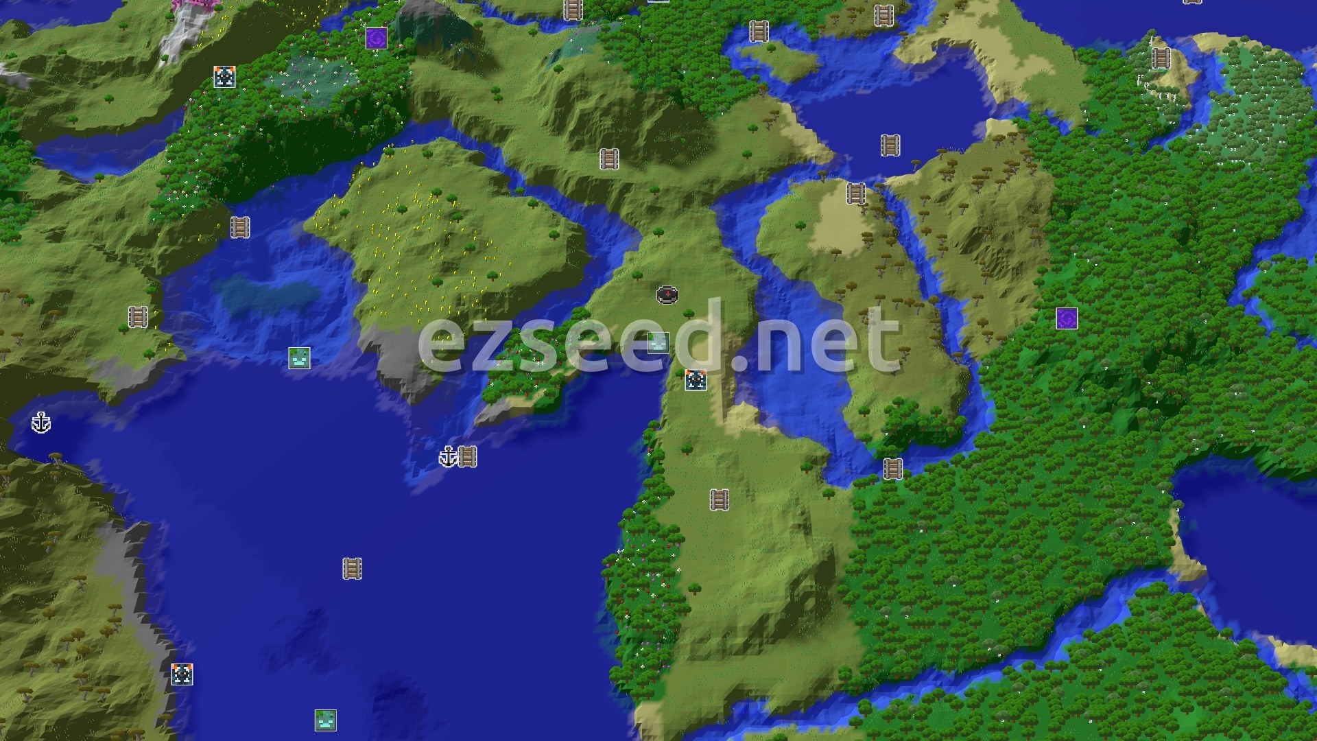 Aerial Minecraft seed map — Spawn in Plains with a nearby Trial Chambers and Ocean Ruin
