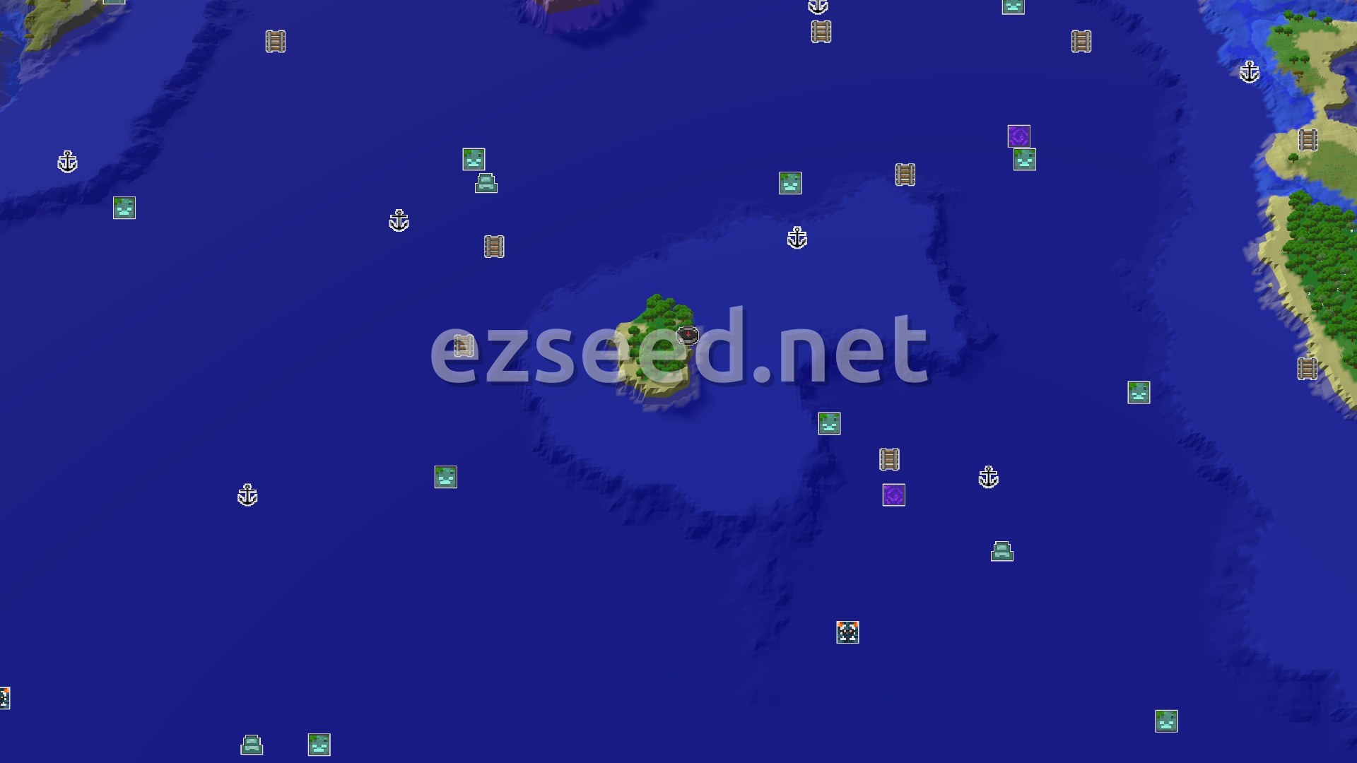 Aerial Minecraft seed map — Island Start With Nearby Ocean Wonders