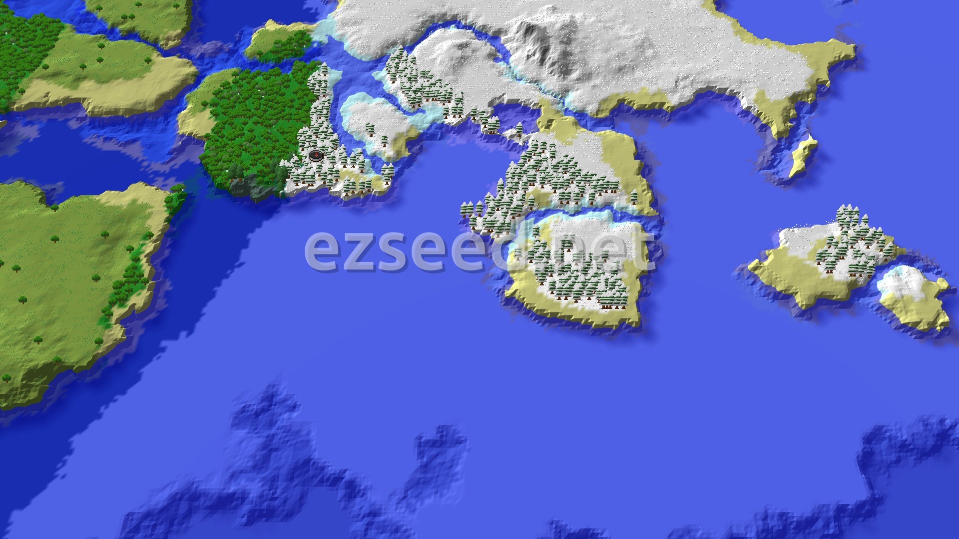 Aerial Minecraft seed map — Snowy Taiga Spawn with a Nearby Mushroom Fields Island