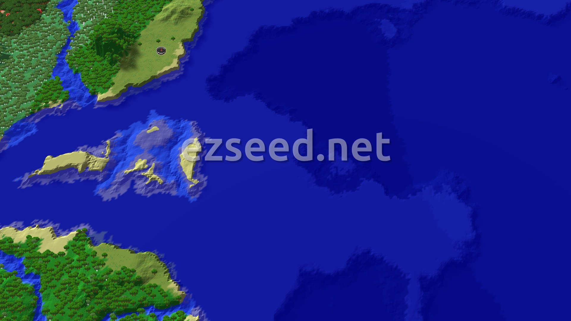 Aerial Minecraft seed map — Spawn on a Plains Peninsula, with a Mansion Nearby