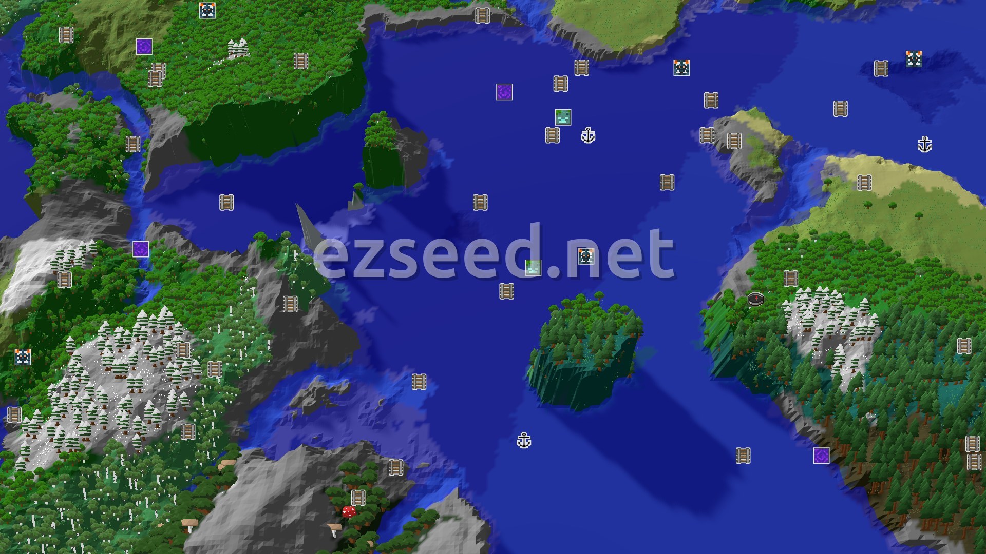 Aerial Minecraft seed map — Forest Spawn with Nearby Cold Ocean and Mountains