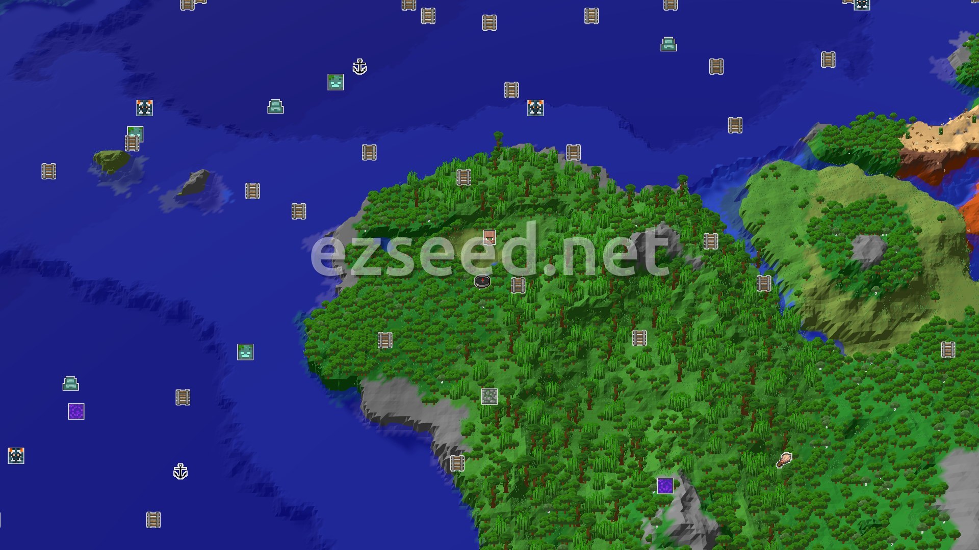 Aerial Minecraft seed map — Jungle Temple at Spawn with Nearby Mineshaft