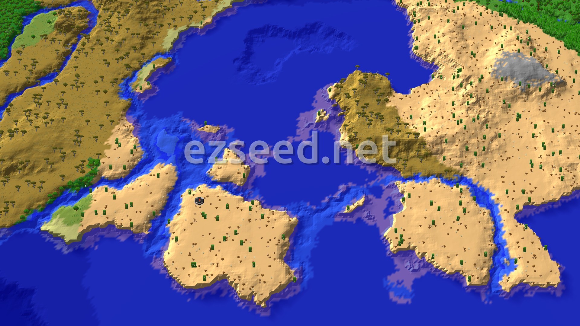 Aerial Minecraft seed map — Desert Spawn with Nearby Village and Pyramid