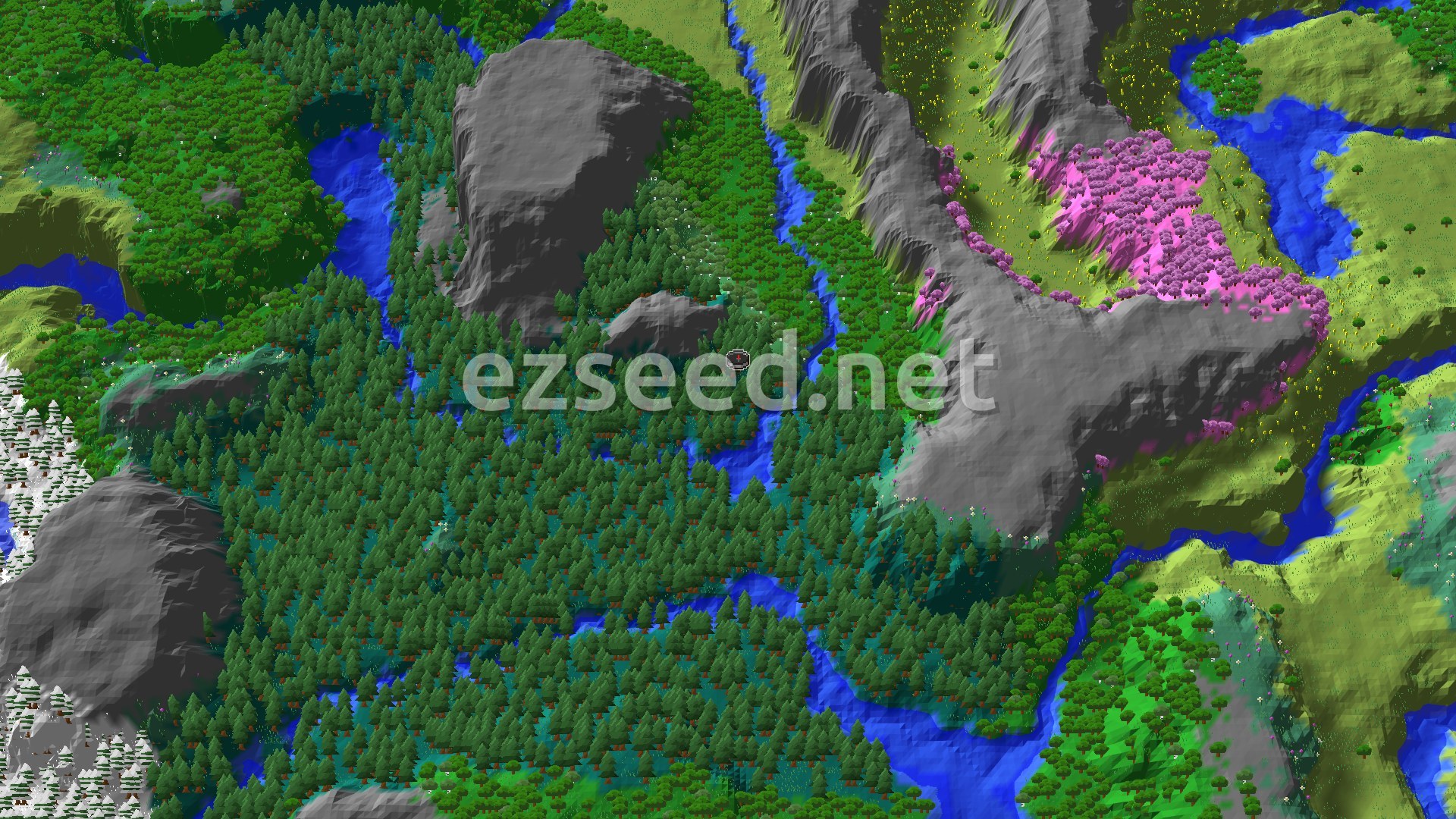 Aerial Minecraft seed map — Cherry Grove and Taiga Hillsides Near Spawn