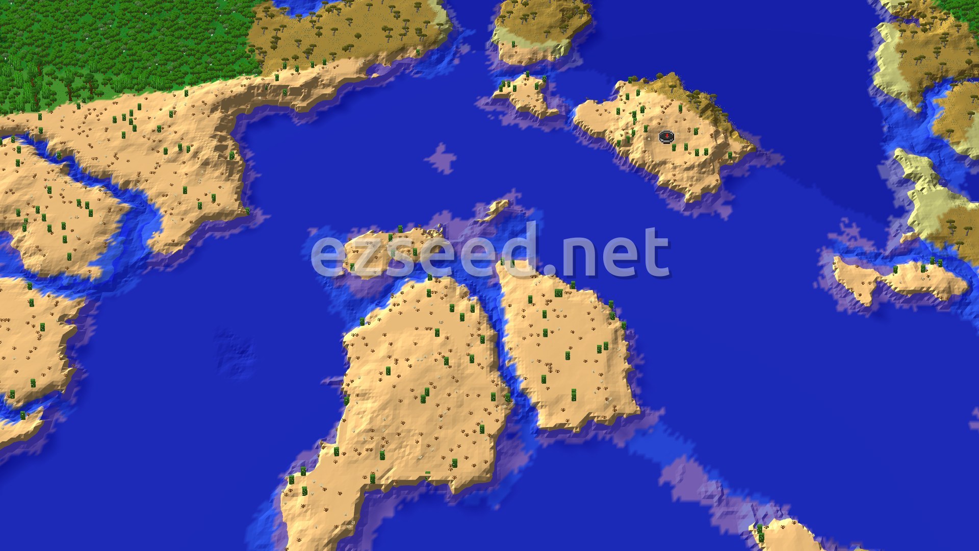 Aerial Minecraft seed map — Desert Island Spawn with a Nearby Ancient City