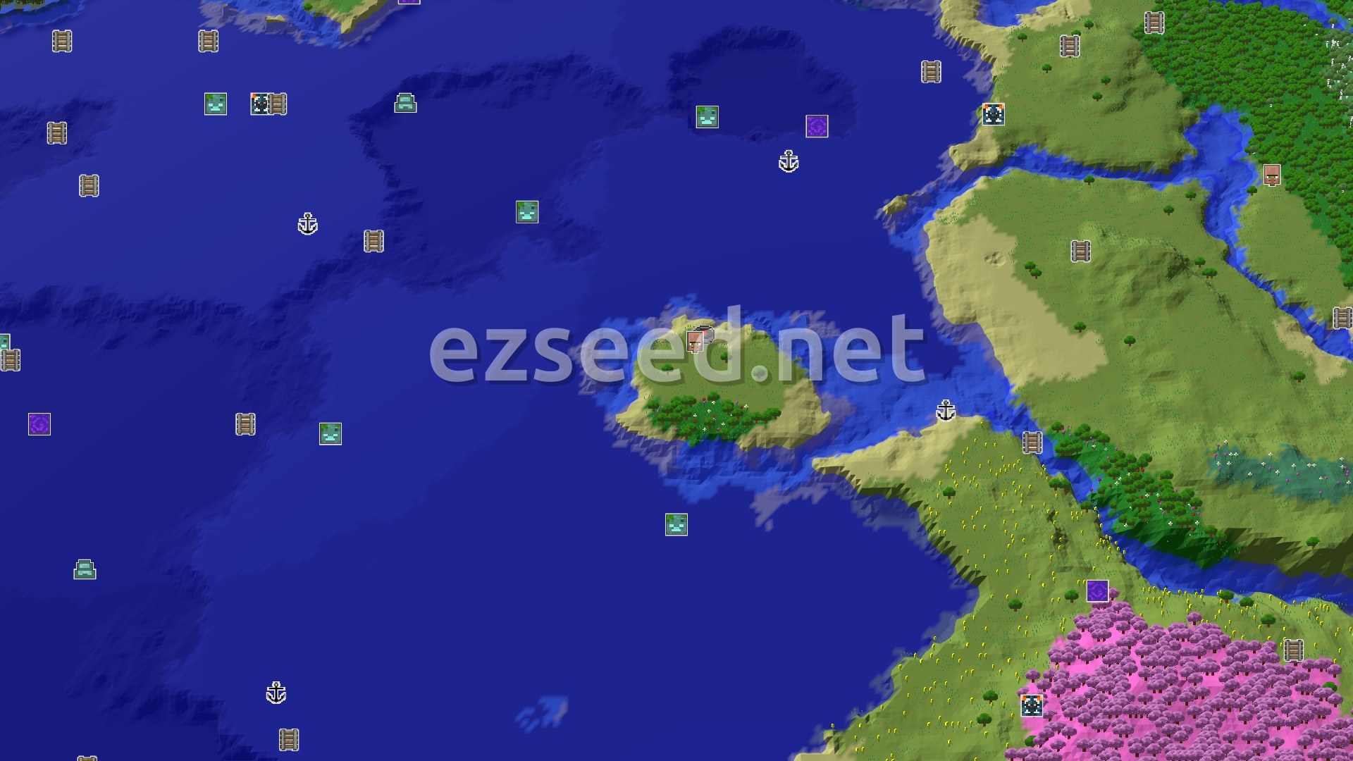 Aerial Minecraft seed map — A Quick Village Start with a Distant Cherry Grove