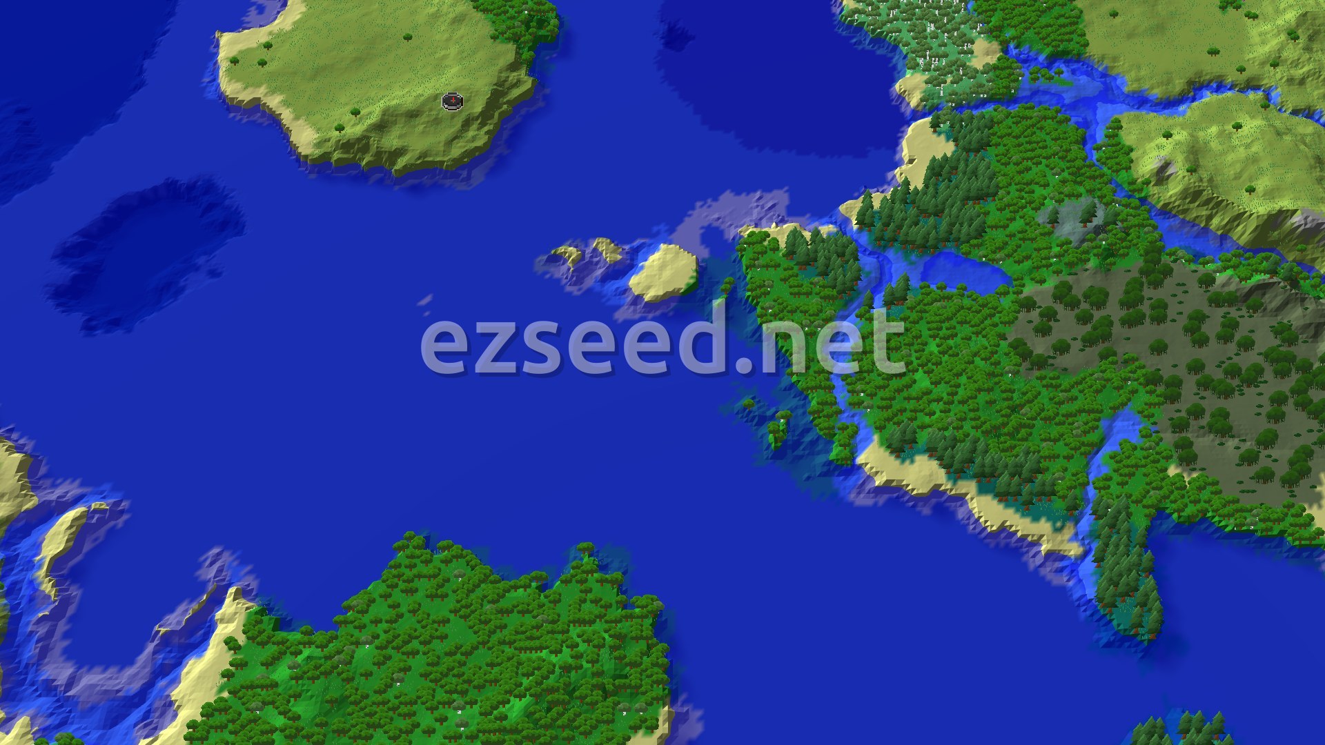 An aerial view of a varied landscape at spawn, showing open plains, dense forests, winding rivers, and a large ocean with small islands. A spawn marker is visible near the center of the plains.