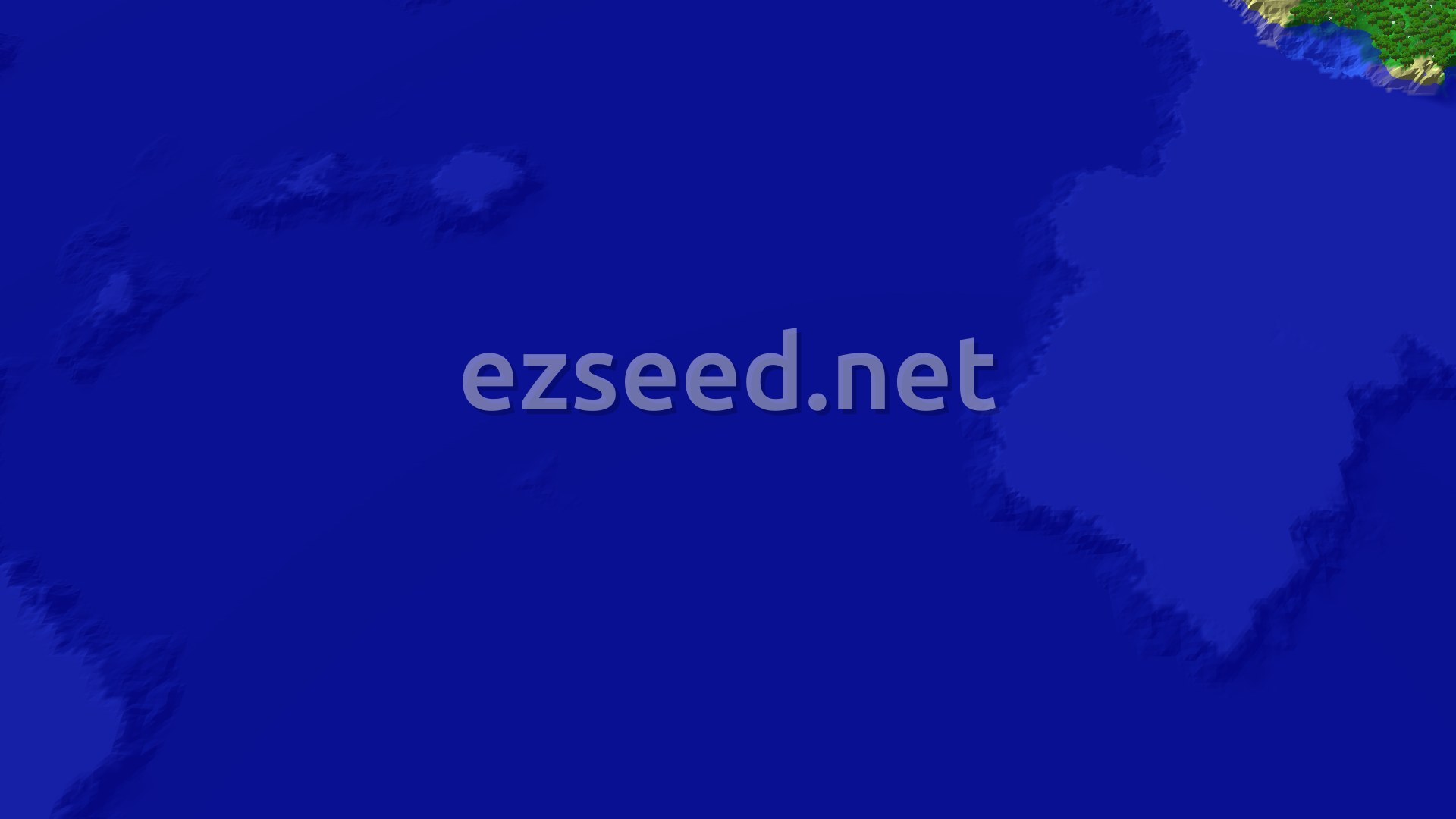 A 3D render of a Minecraft world, showing a vast blue ocean with a green and brown landmass in the upper right corner, and smaller islands scattered across the water.