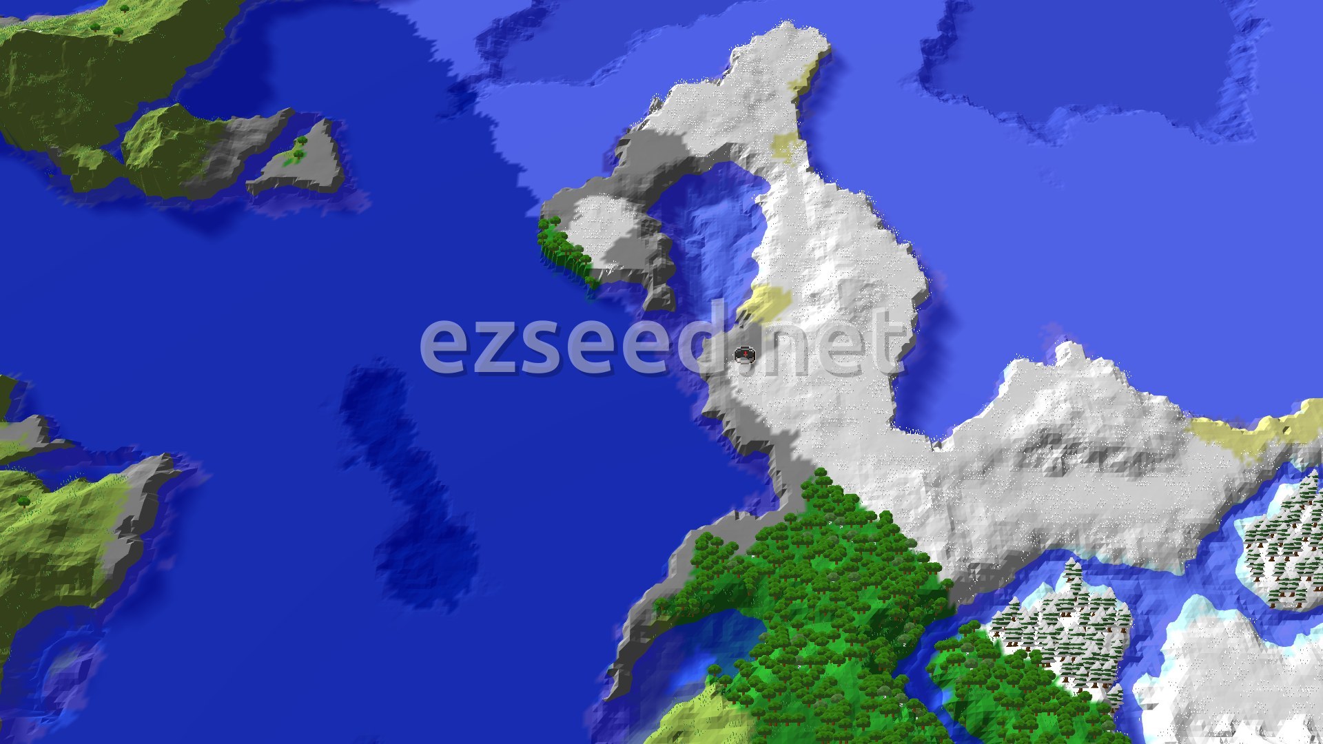 Aerial Minecraft seed map — Spawn in Snowy Plains, Jagged Peaks Nearby
