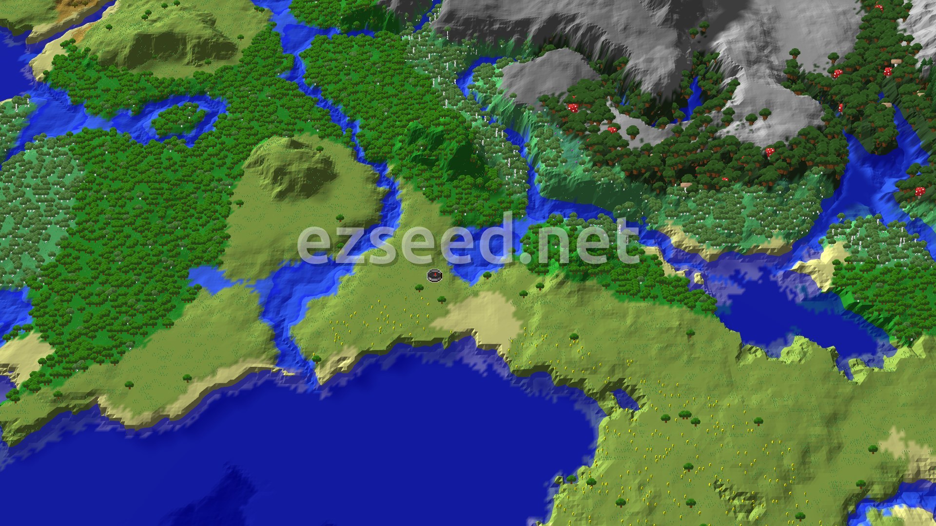 A 3D overhead view of a diverse Minecraft landscape featuring a wide plains biome, dense forests, winding rivers, and a large ocean. Hills and mountains rise in the distance, with some peaks appearing snowy or grey. A small spawn marker is visible in the center of the plains.