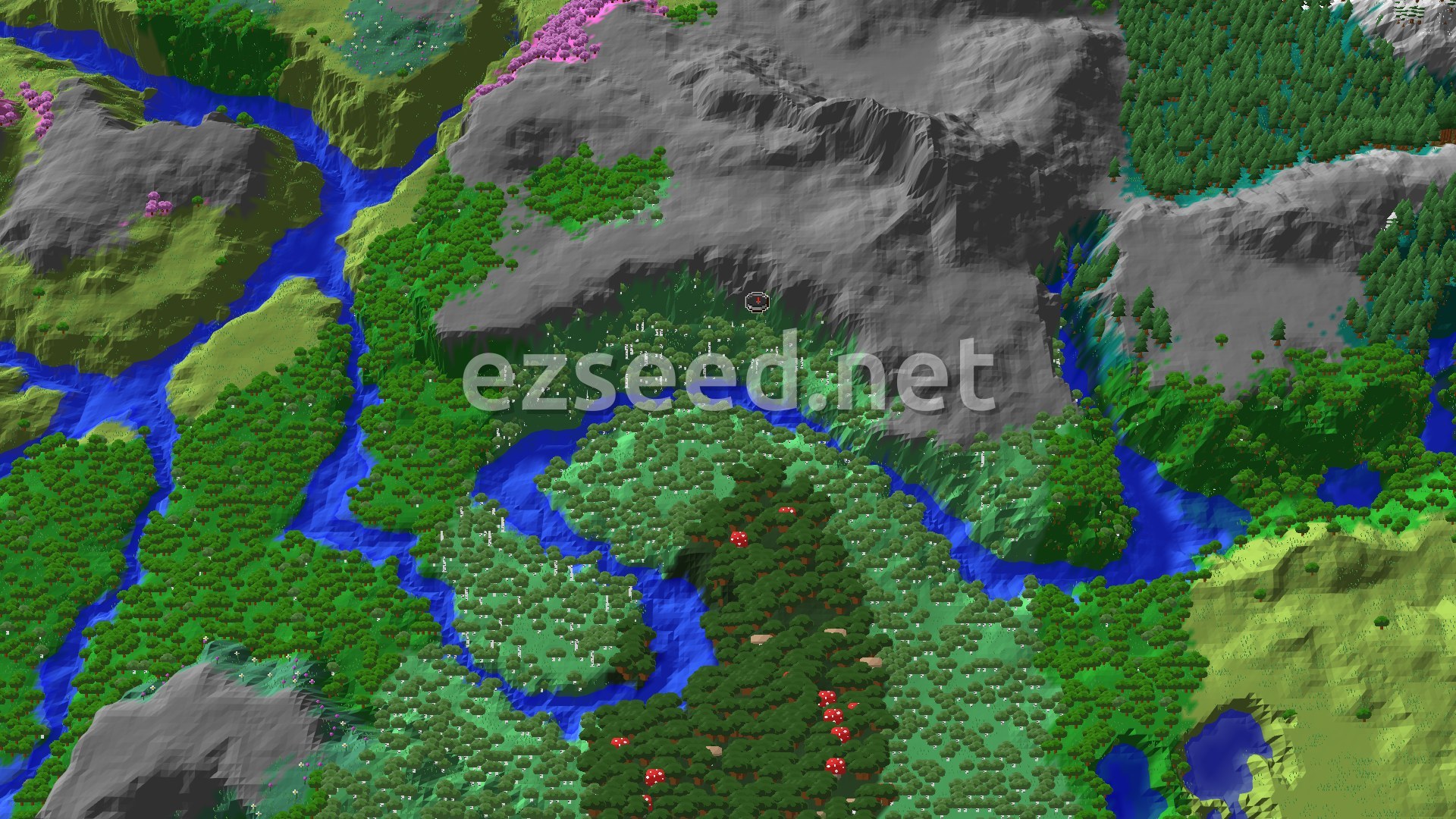 Aerial Minecraft seed map — Ancient City Next to a Cherry Grove
