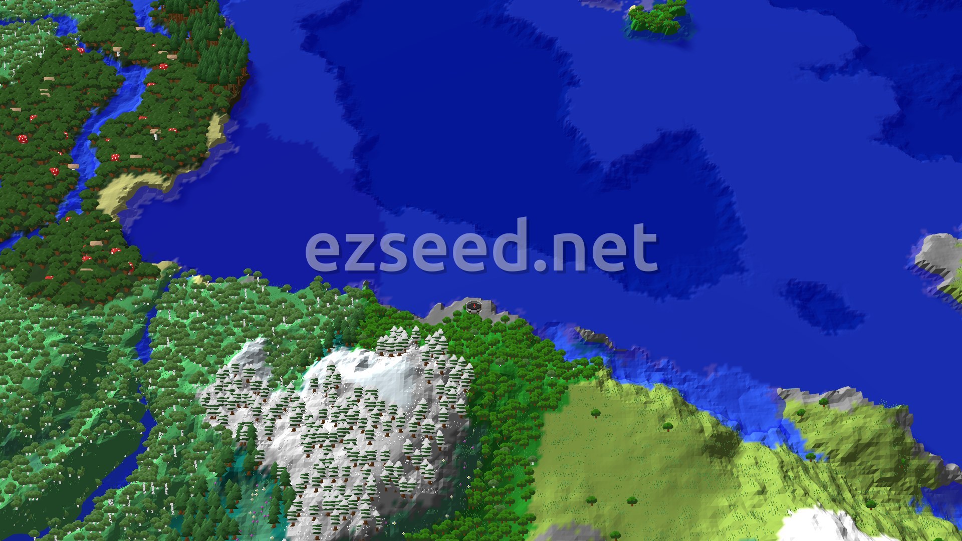 Aerial Minecraft seed map — Frozen Peaks and Ocean Views from a Forest Spawn