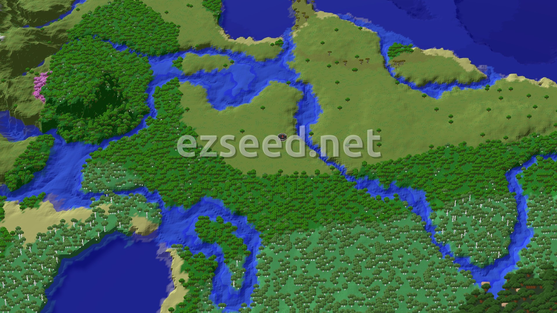 Aerial Minecraft seed map — Spawn in Plains, Head West for a Cherry Grove