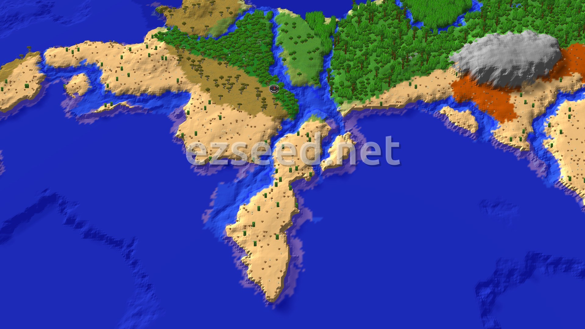 Aerial Minecraft seed map — Savanna Spawn with a Nearby Bamboo Jungle