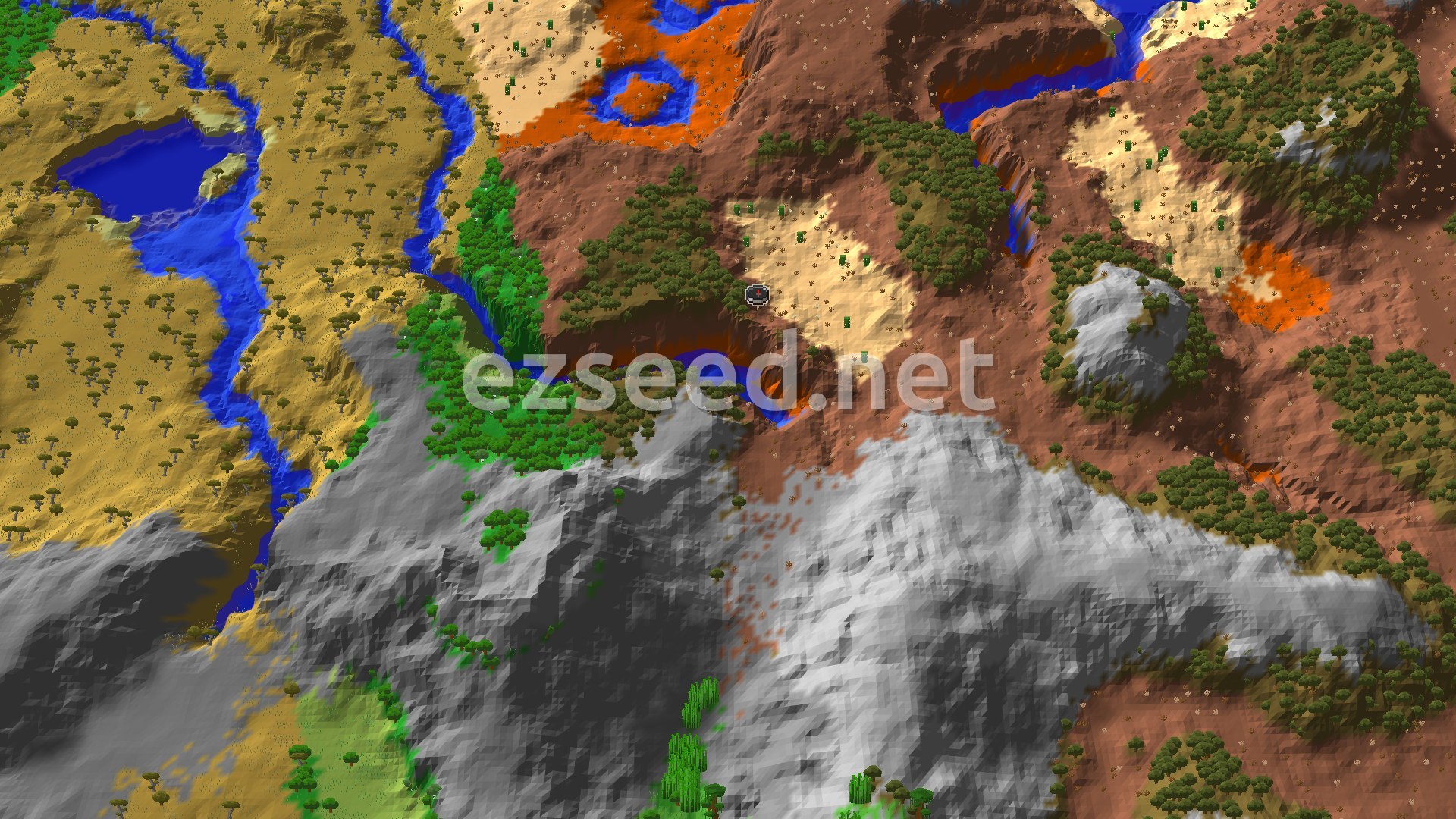 An aerial view of varied terrain, including red badlands, yellow deserts, green forests, and grey stony peaks, with a river winding through the landscape and a spawn marker at the center.