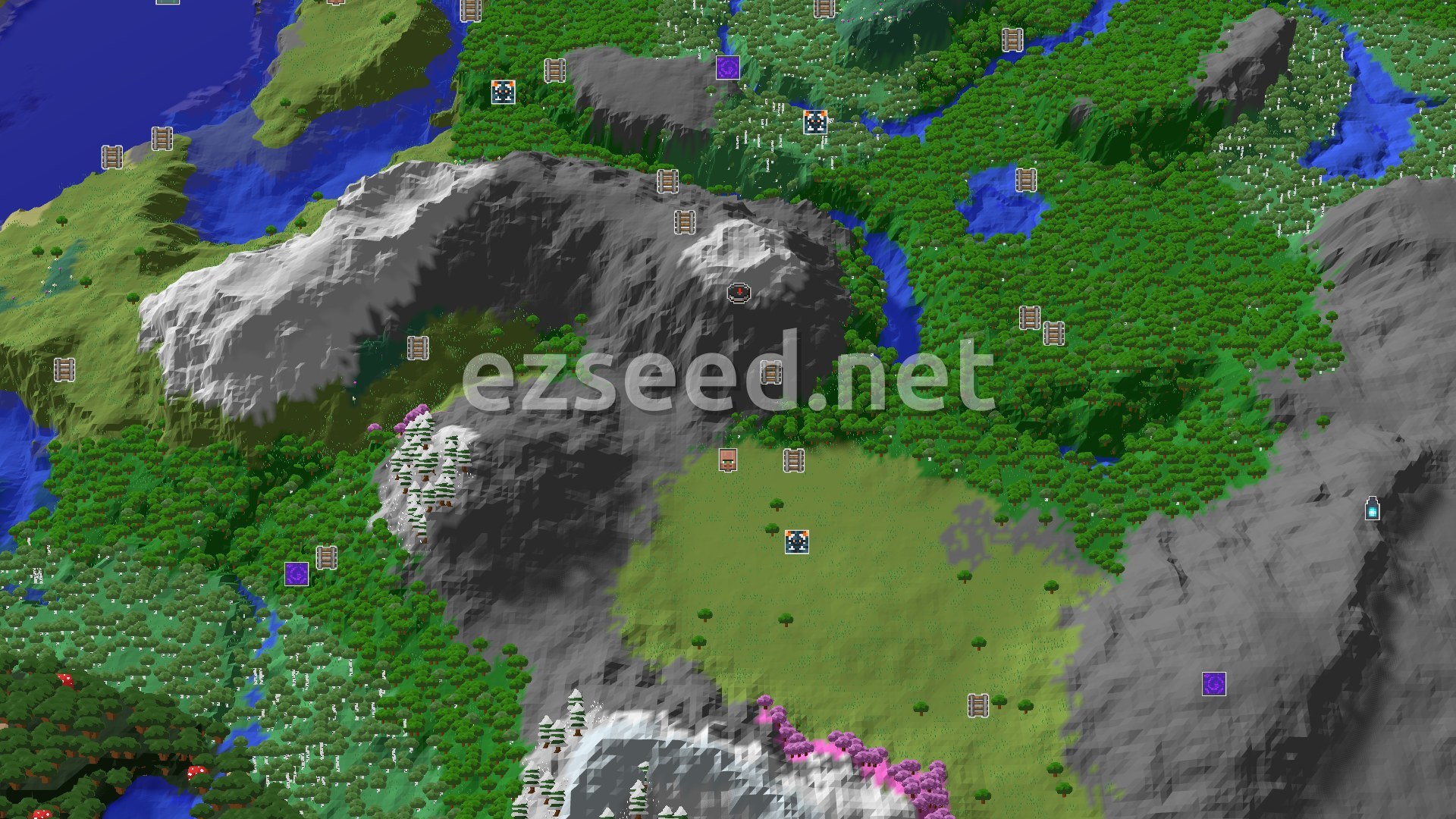 Aerial Minecraft seed map — Spawn in a Grove, then Find Mountains and a Cherry Grove