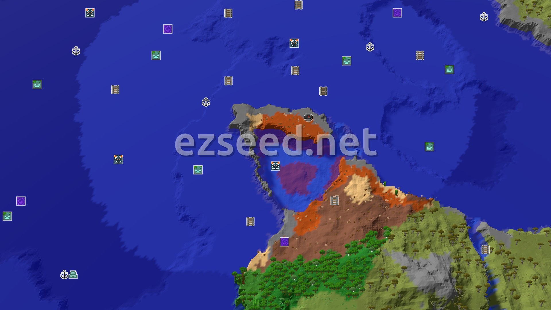 Aerial Minecraft seed map — Wooded Badlands Spawn with Nearby Trial Chambers