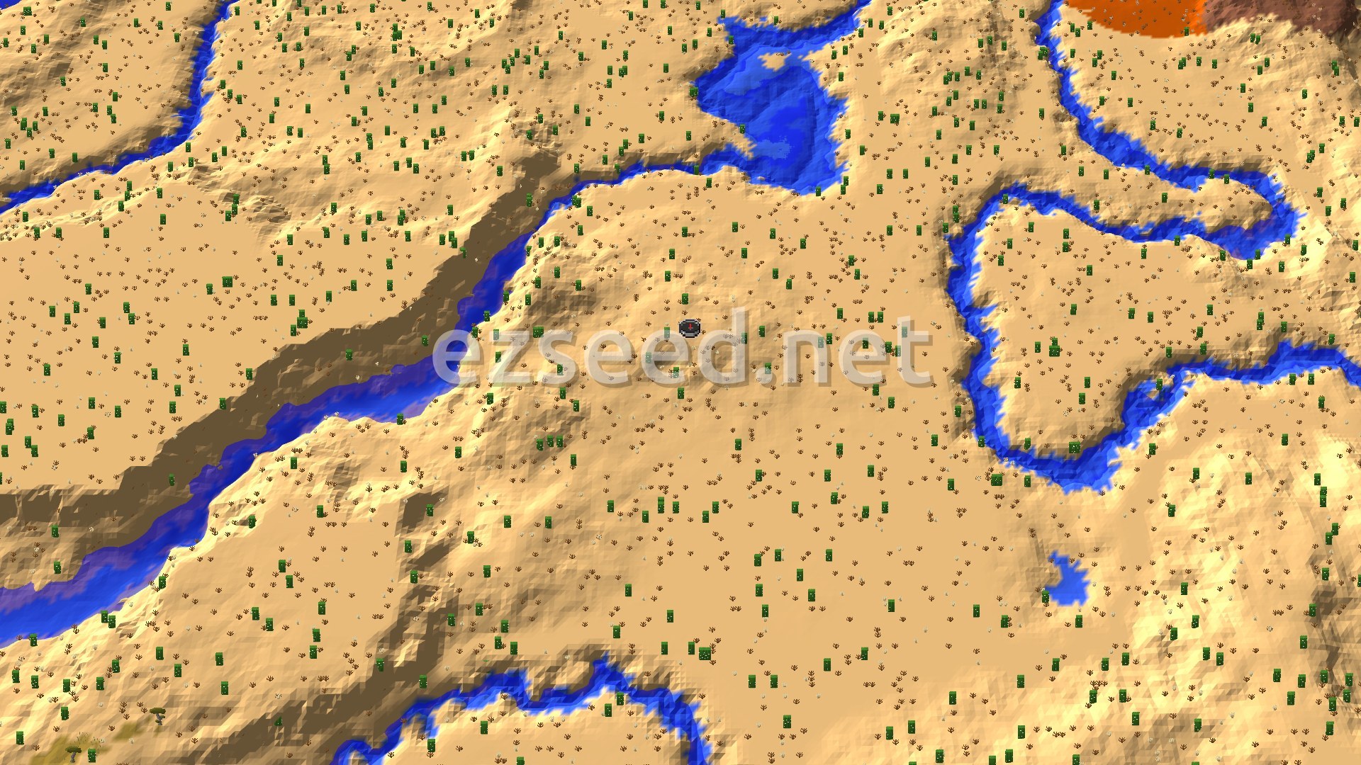 A bird's-eye view of a desert landscape with winding rivers and scattered cacti, with a small spawn marker in the center.