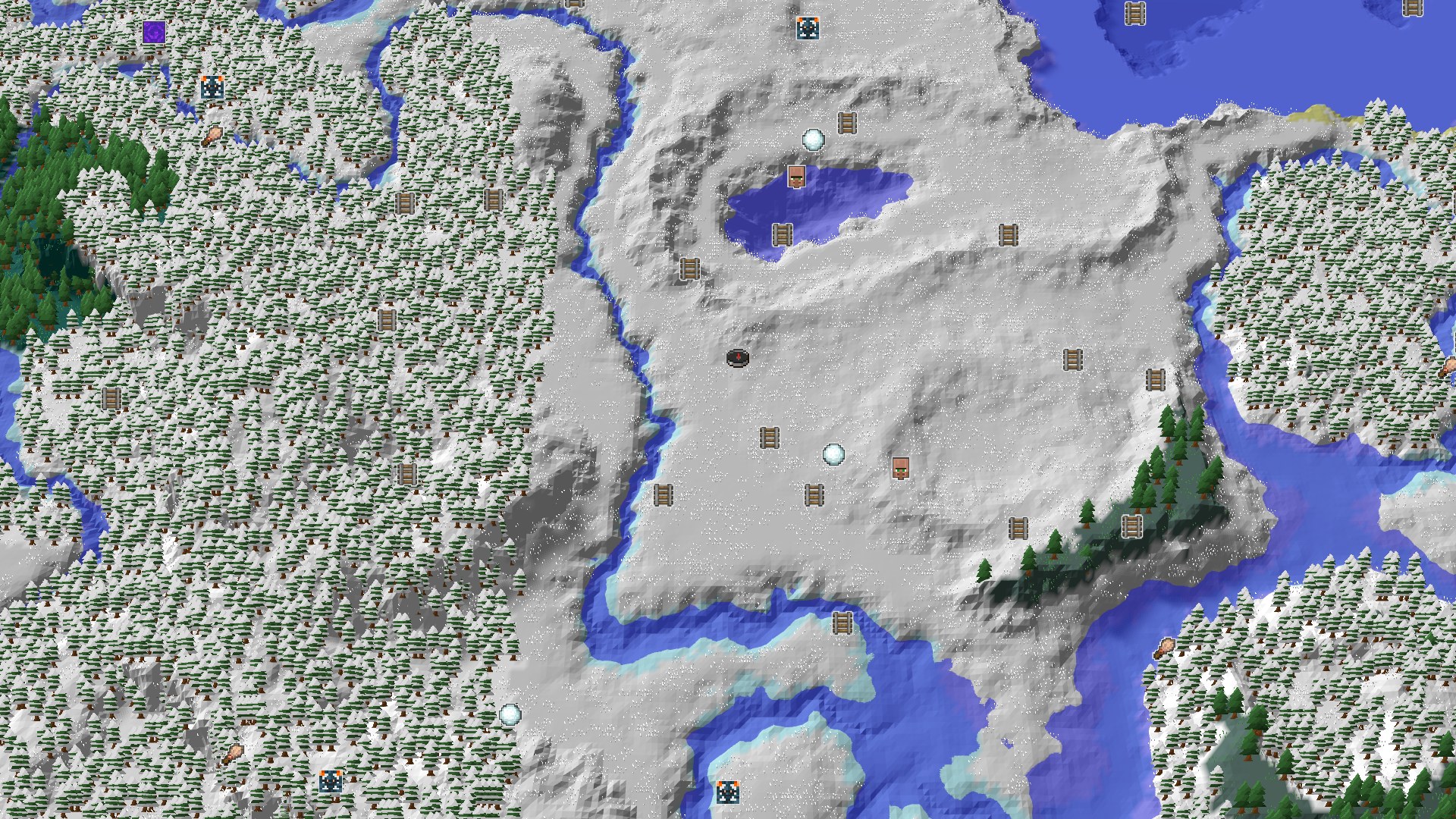 Aerial Minecraft seed map — A Snowy Start with Nearby Mineshaft and Icy Vistas