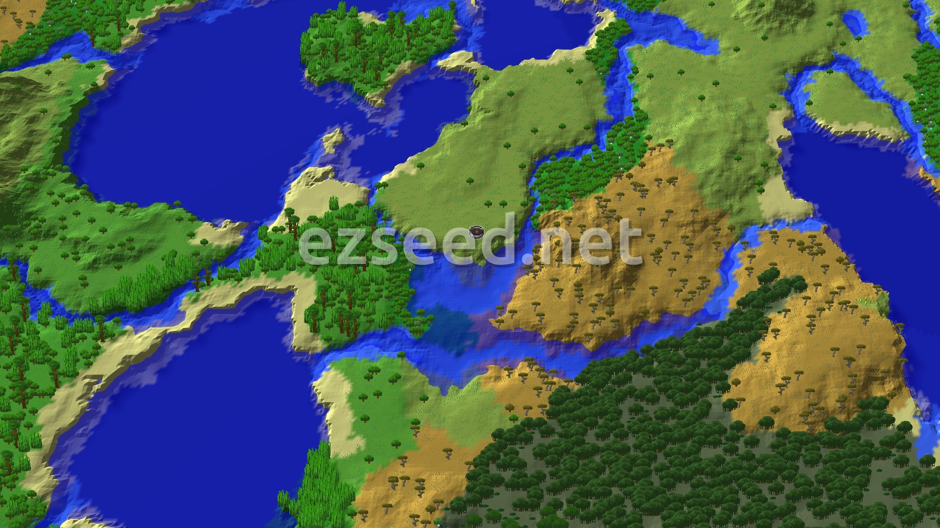An overhead view of a diverse landscape with green plains, brown savannas, dense forests, and winding rivers emptying into a large blue ocean. A small spawn marker is visible near the center.