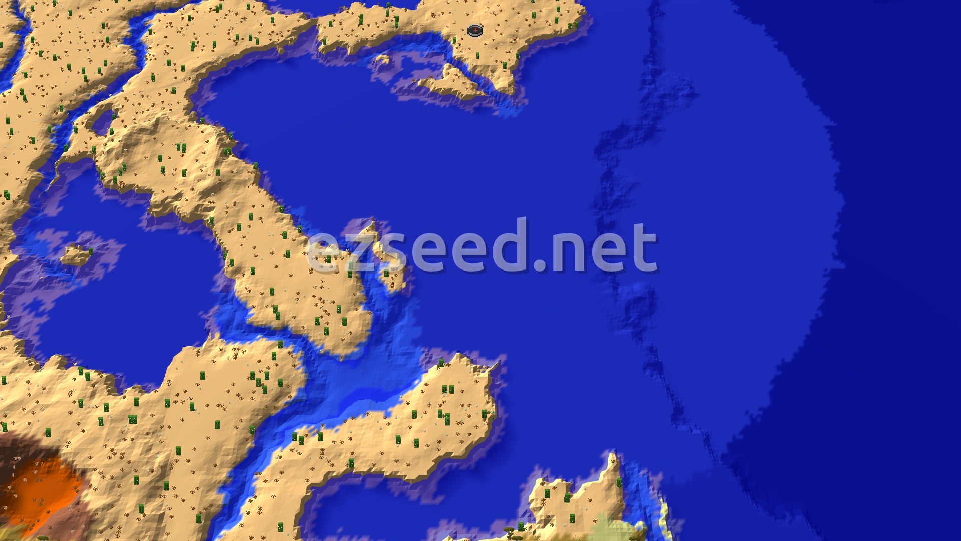 Aerial Minecraft seed map — Desert Island Spawn with Nearby Trial Chambers