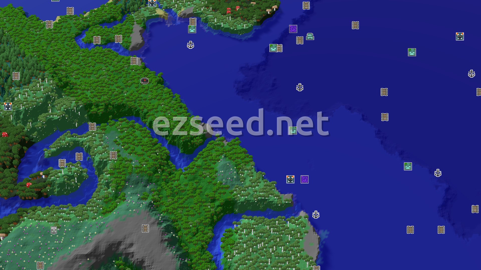 Aerial Minecraft seed map — A Woodsy Start with Quick Access to Underground Loot