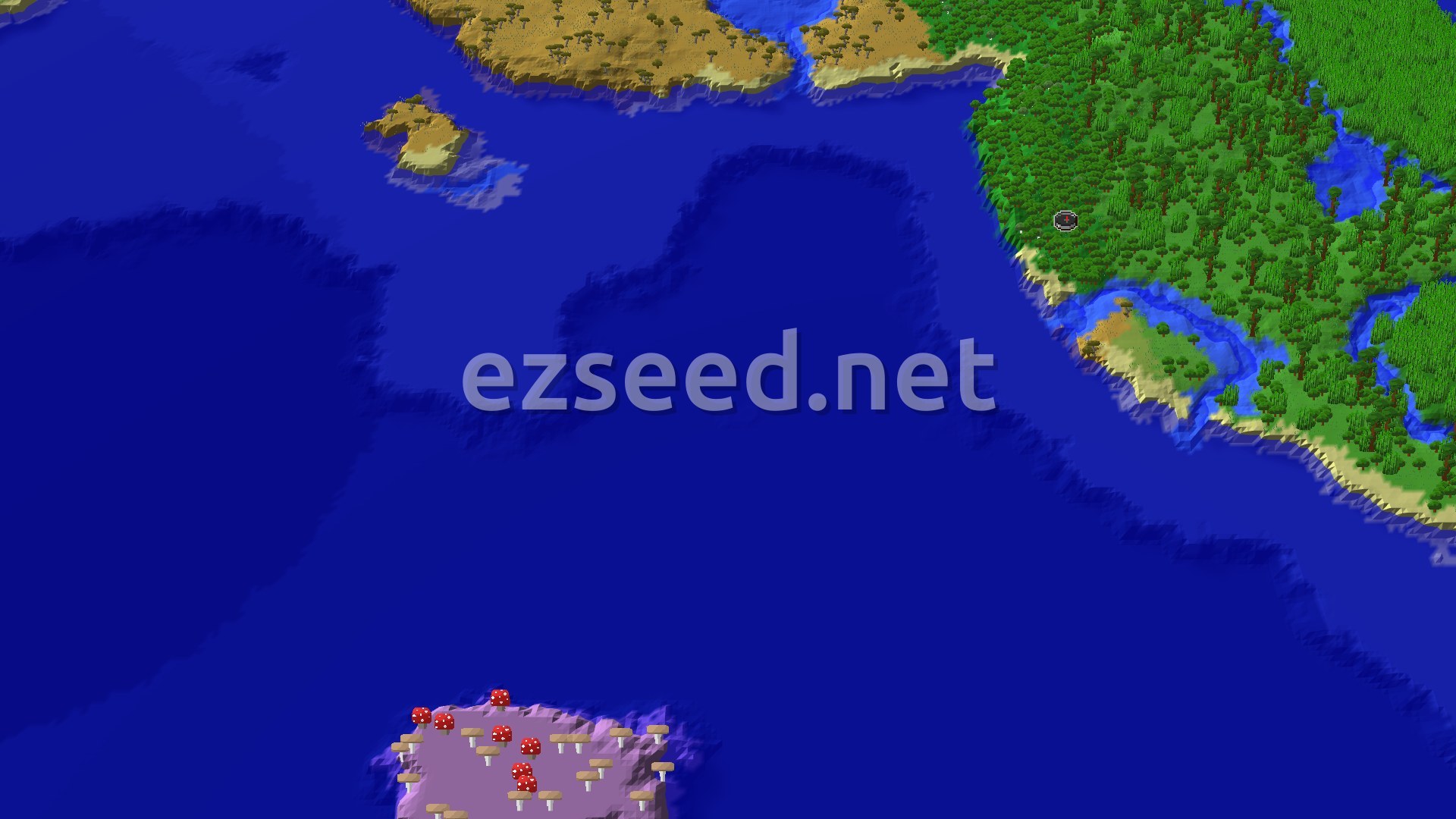 Aerial Minecraft seed map — Jungle Temple at Spawn, Mushroom Fields Nearby