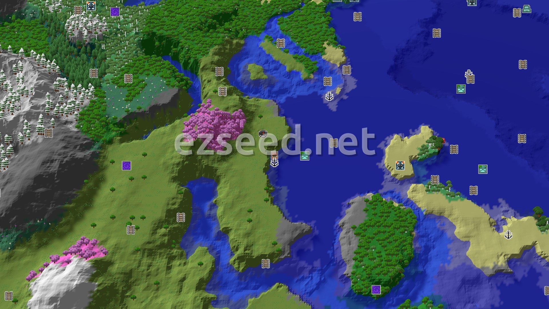 Aerial Minecraft seed map — Spawn Near a Cherry Grove, Village, and Shipwreck