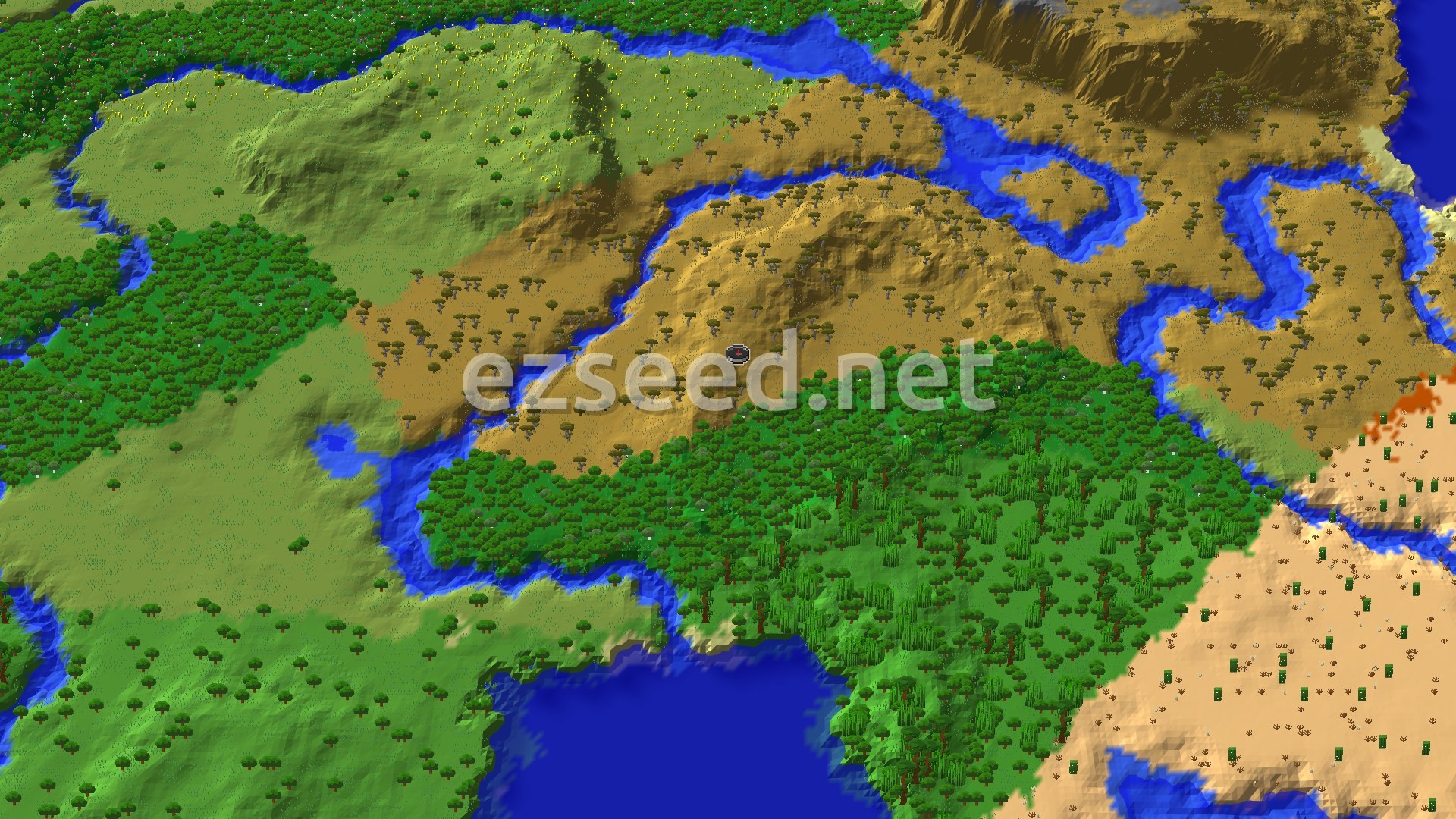 Aerial Minecraft seed map — Savanna Spawn with Close Trial Chambers and a Jungle Temple