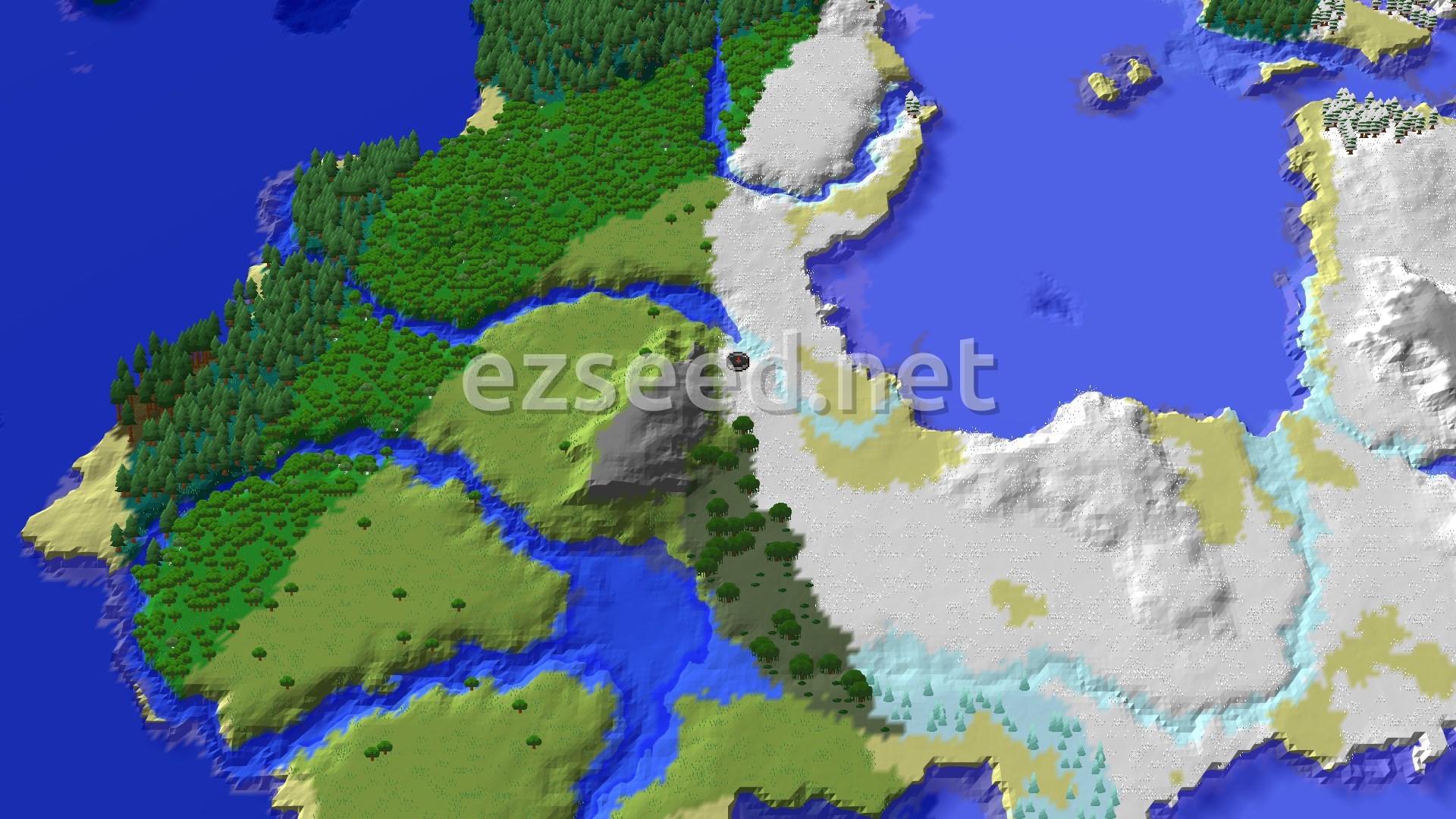 Aerial Minecraft seed map — Trial Chambers and Village Near Snowy Spawn