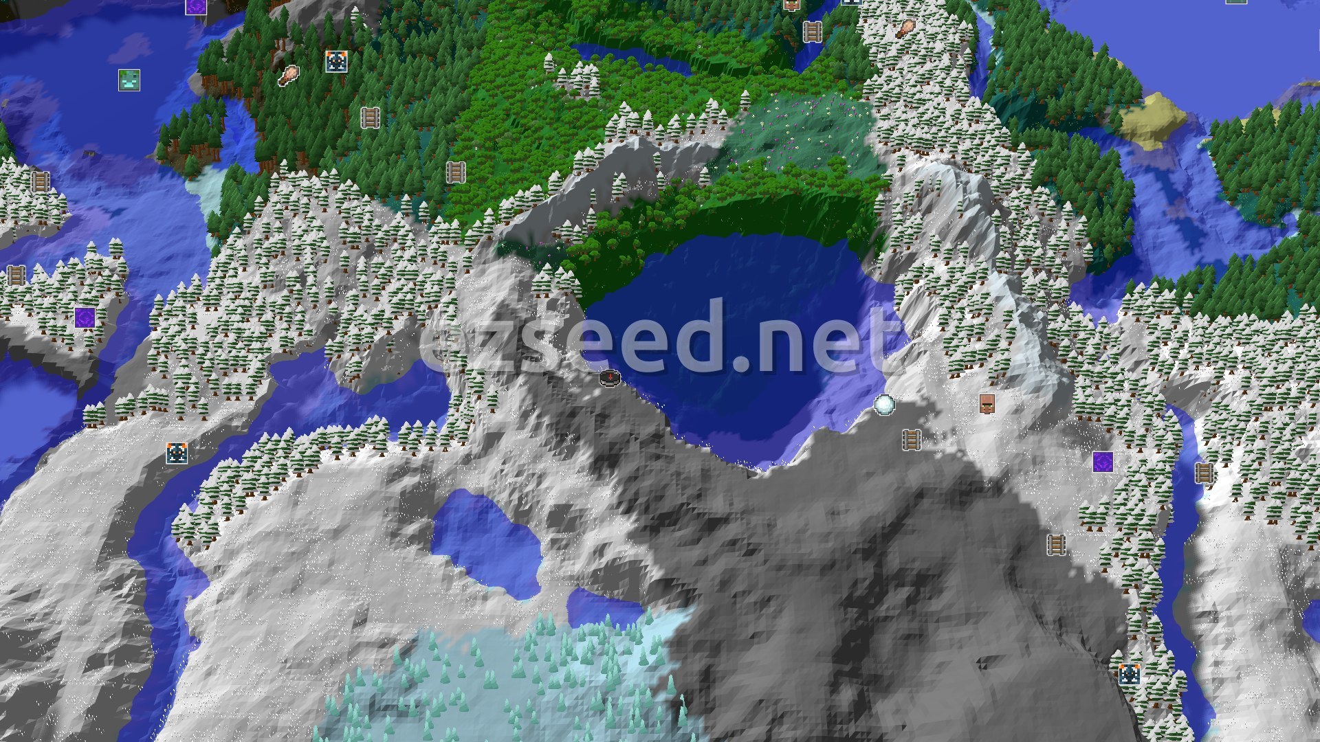Aerial Minecraft seed map — Frozen Peaks and Icy Vistas Near a Snowy Spawn