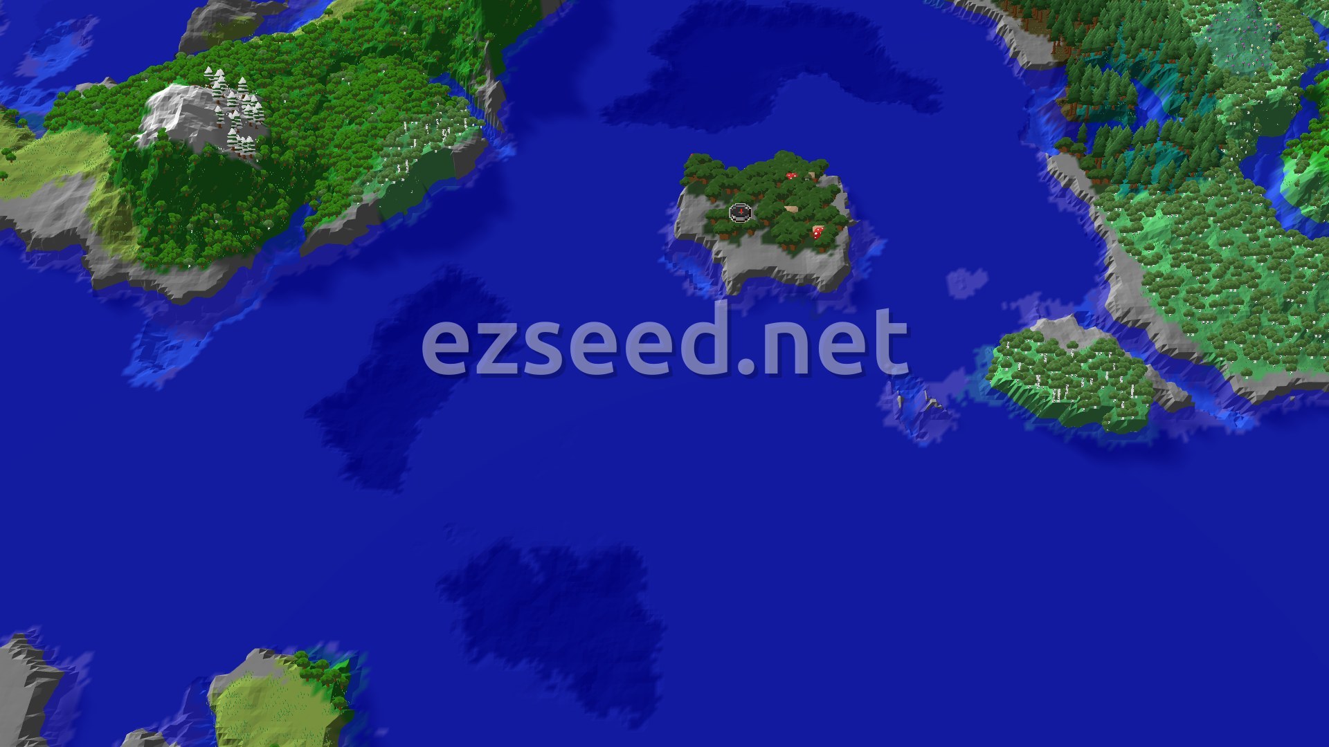 Aerial Minecraft seed map — Dark Forest Island Spawn with Close Underwater Adventures