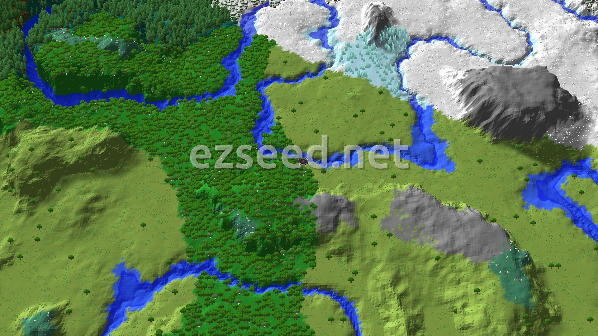 Aerial Minecraft seed map — Forest Spawn with Nearby Ice Spikes and Ancient City