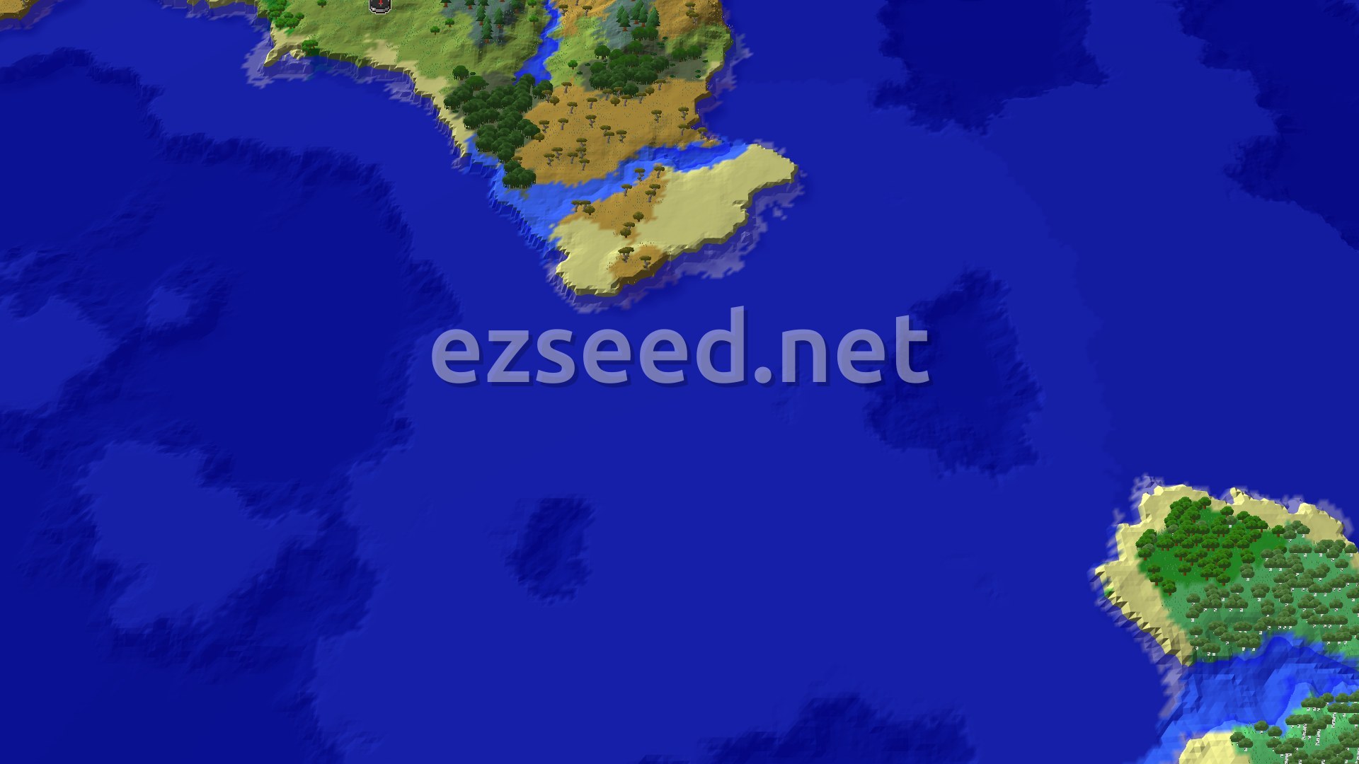 An overhead view shows a large body of deep blue water with landmasses of varying green, brown, and tan tones, indicative of different biomes, with a small spawn marker in the center.