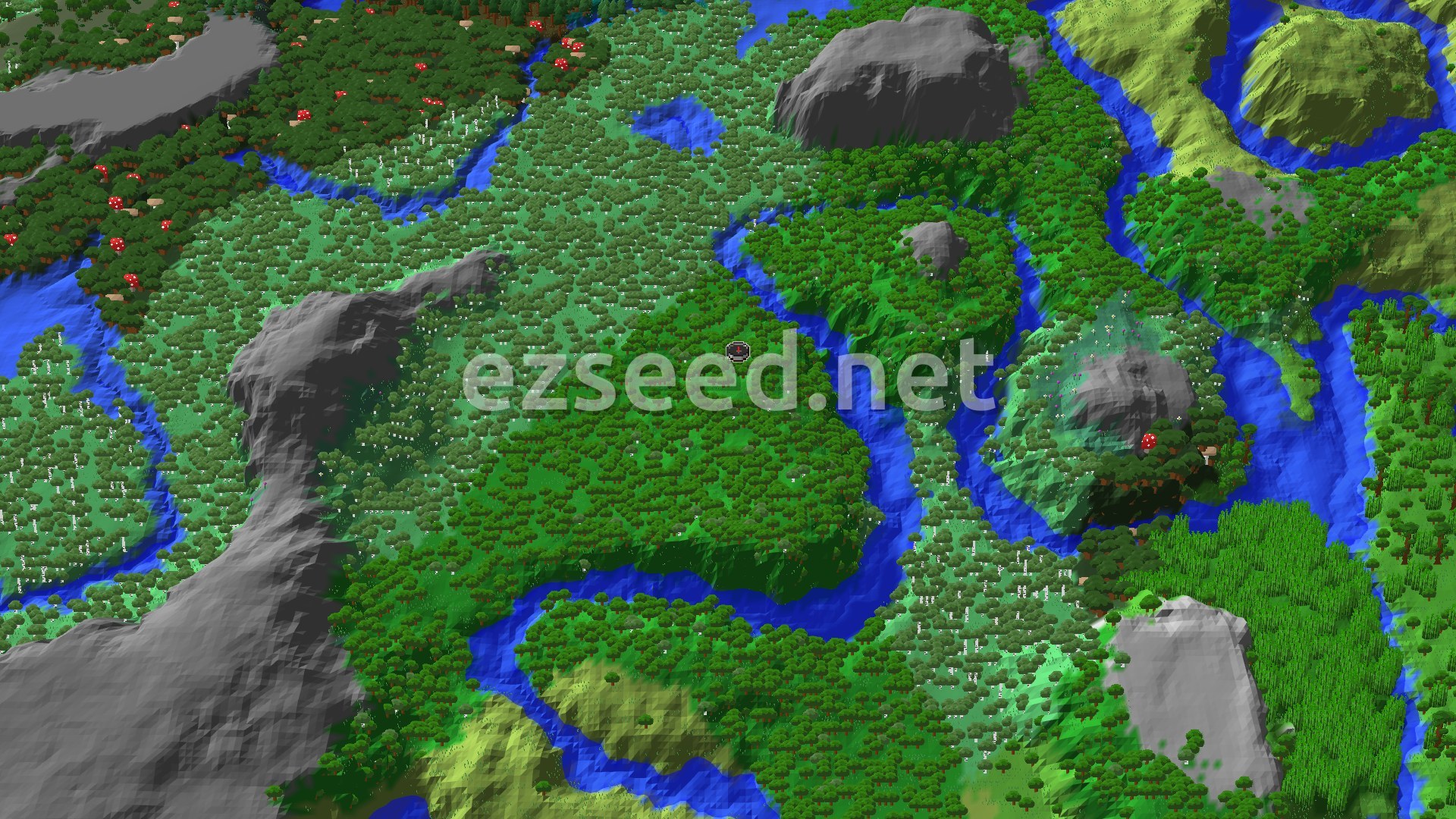 A 3D fly-over shows a lush, green landscape dominated by forests and winding blue rivers, with some grey, rocky hills and scattered red mushrooms, all under a clear sky.