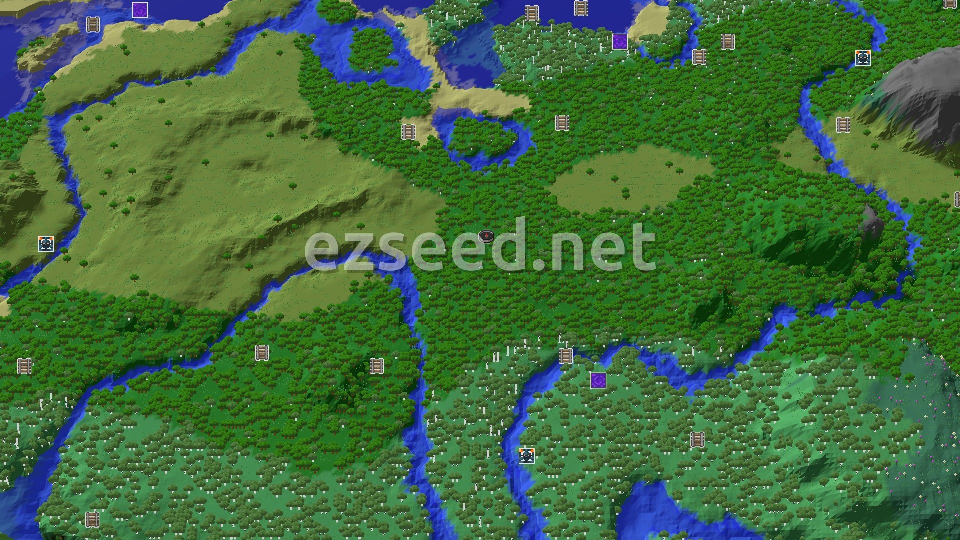 Aerial Minecraft seed map — Forest Spawn with Jungle and Trial Chambers Nearby